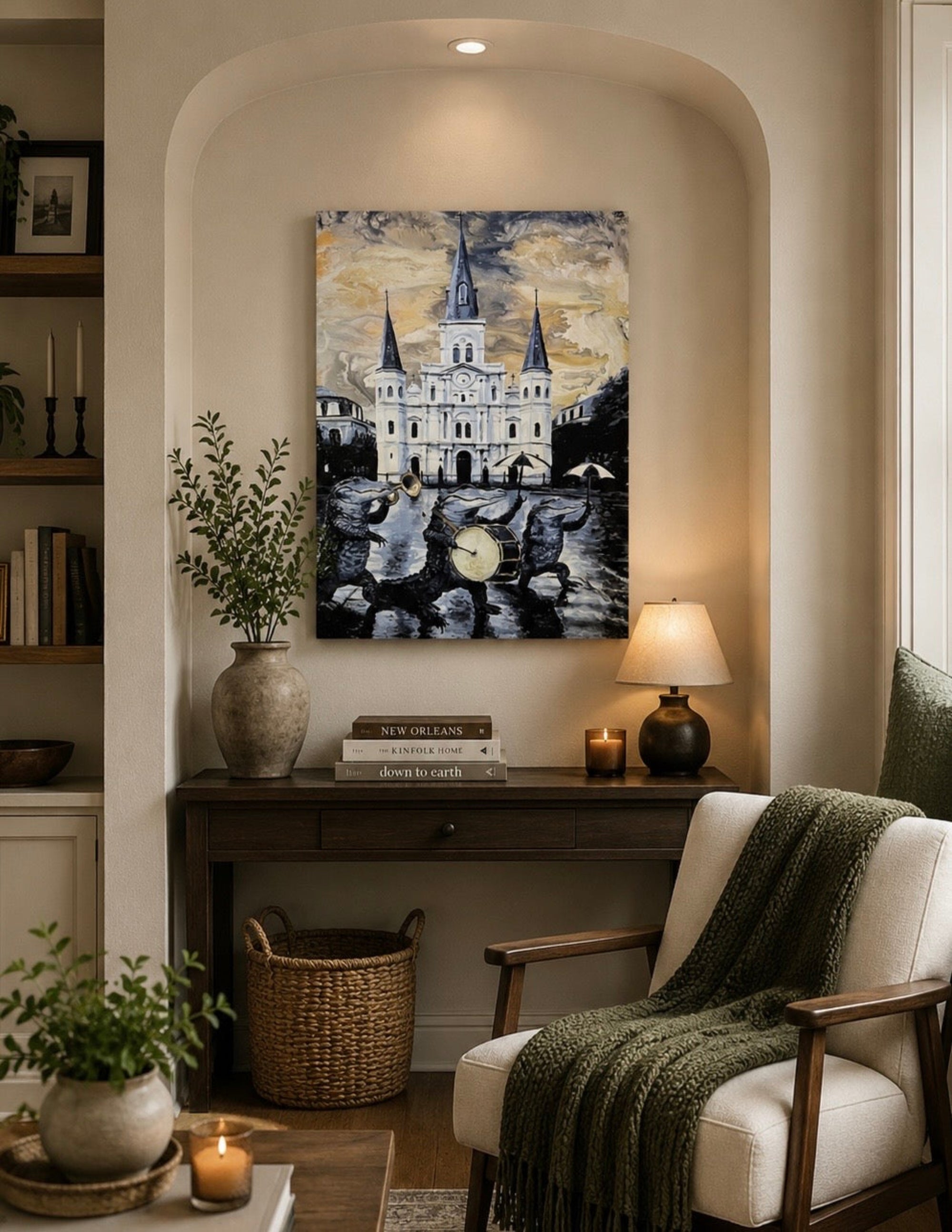 Alligator Jazz Band in New Orleans by Ocean Clark shown as a canvas print, a New Orleans art piece displayed on a wall