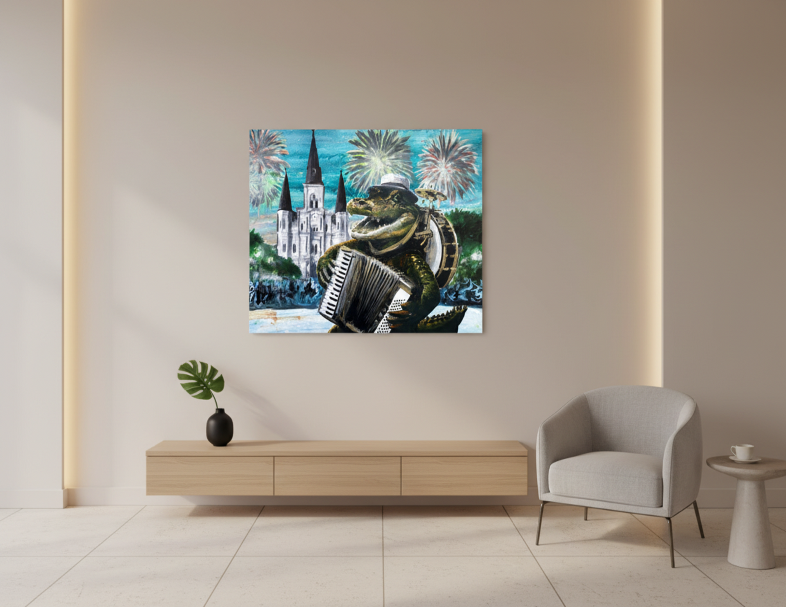 A square canvas wall art print depicting a green alligator playing a black-and-white accordion in front of a cathedral and fireworks, displayed in a modern living room mockup above a light wood console and next to a gray armchair.