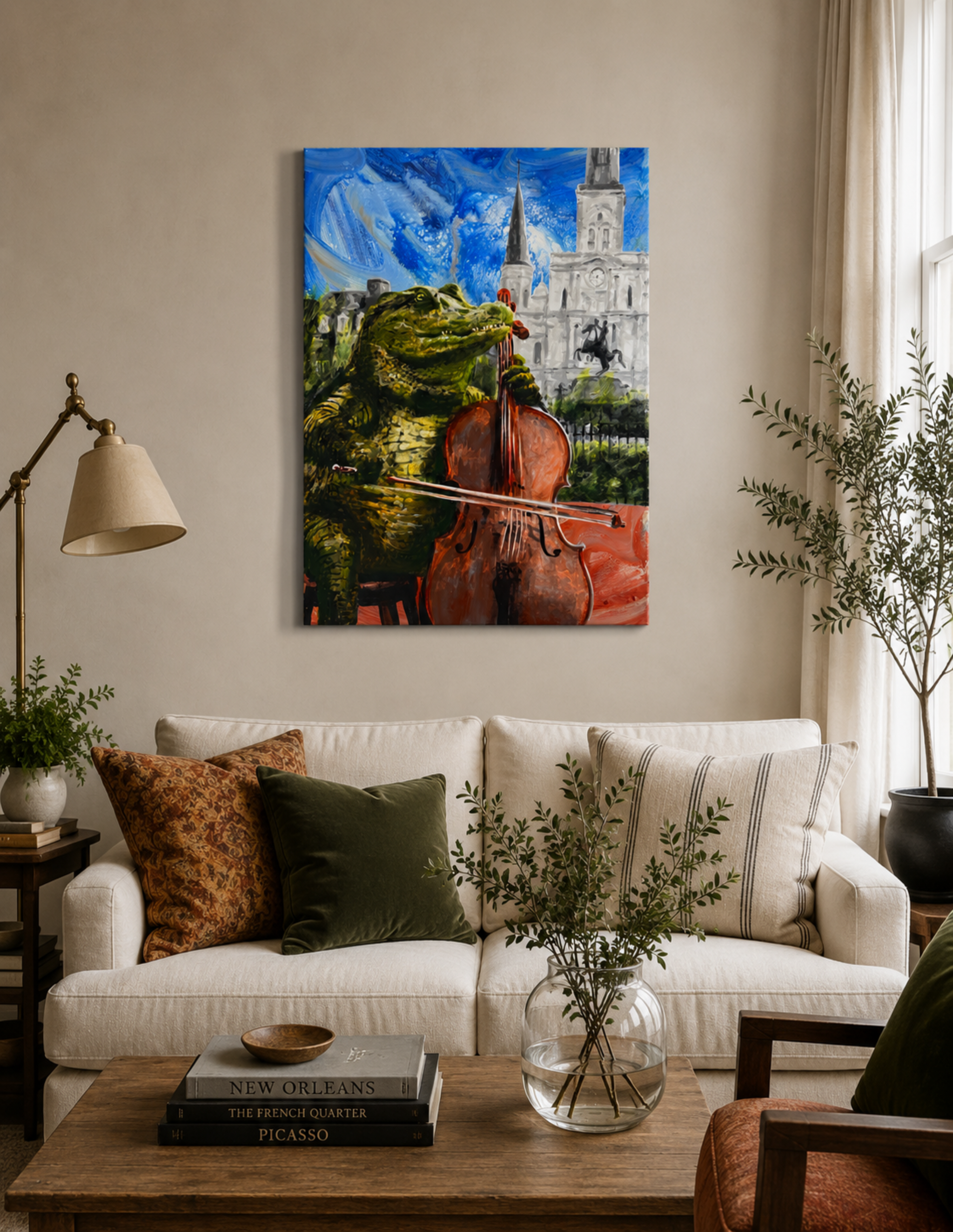 Alligator Playing Cello at Jackson Square by Ocean Clark shown as a canvas print, a New Orleans art piece displayed on a wall