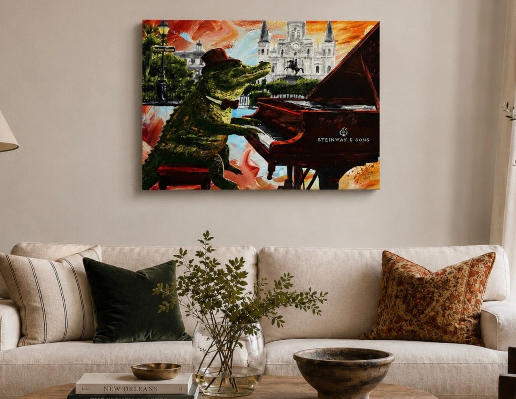 Alligator Playing Piano at Jackson Square by Ocean Clark shown as a canvas print, a New Orleans art piece displayed on a wall