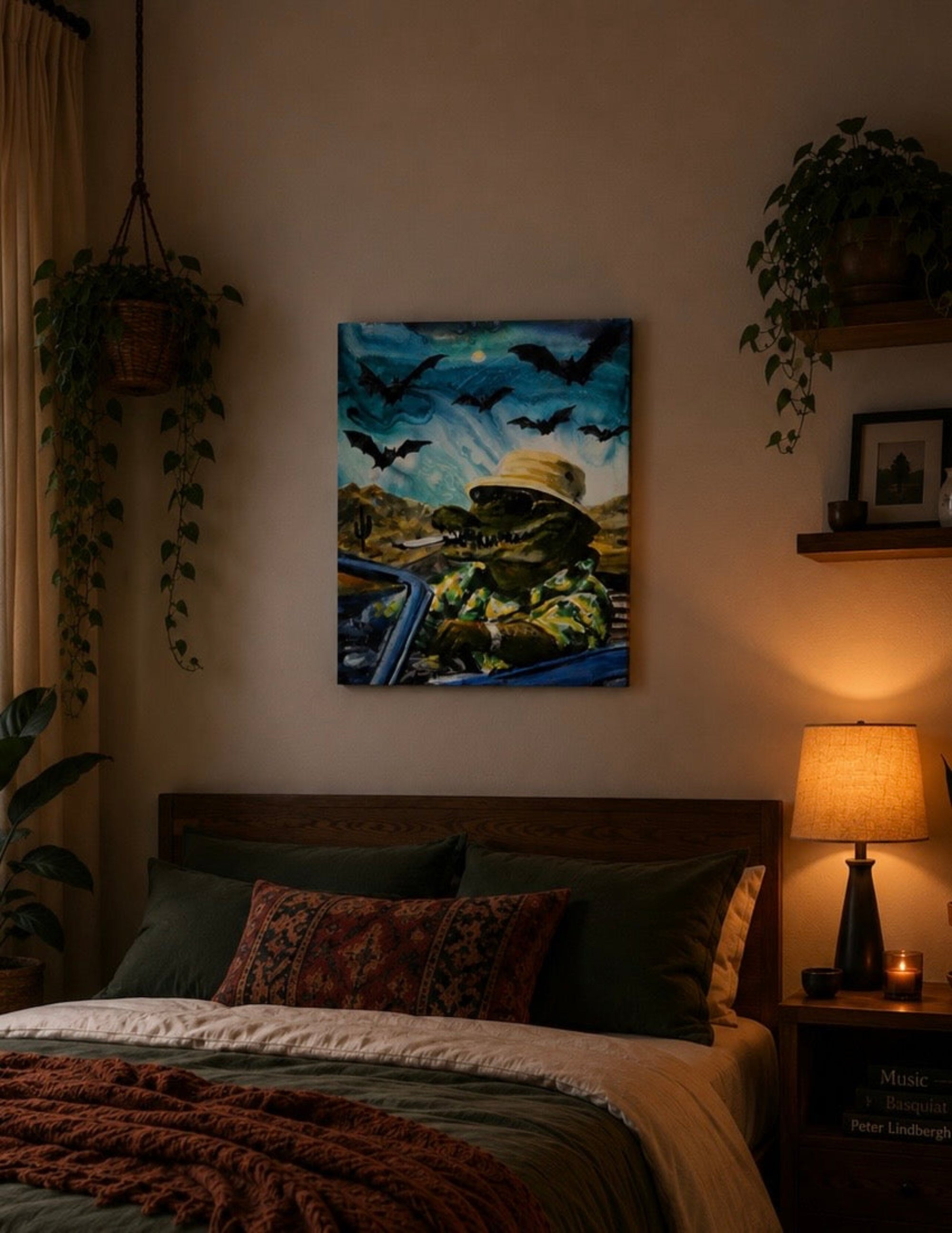 Alligator in Fear and Loathing Style by Ocean Clark shown as a canvas print, a New Orleans art piece displayed on a wall