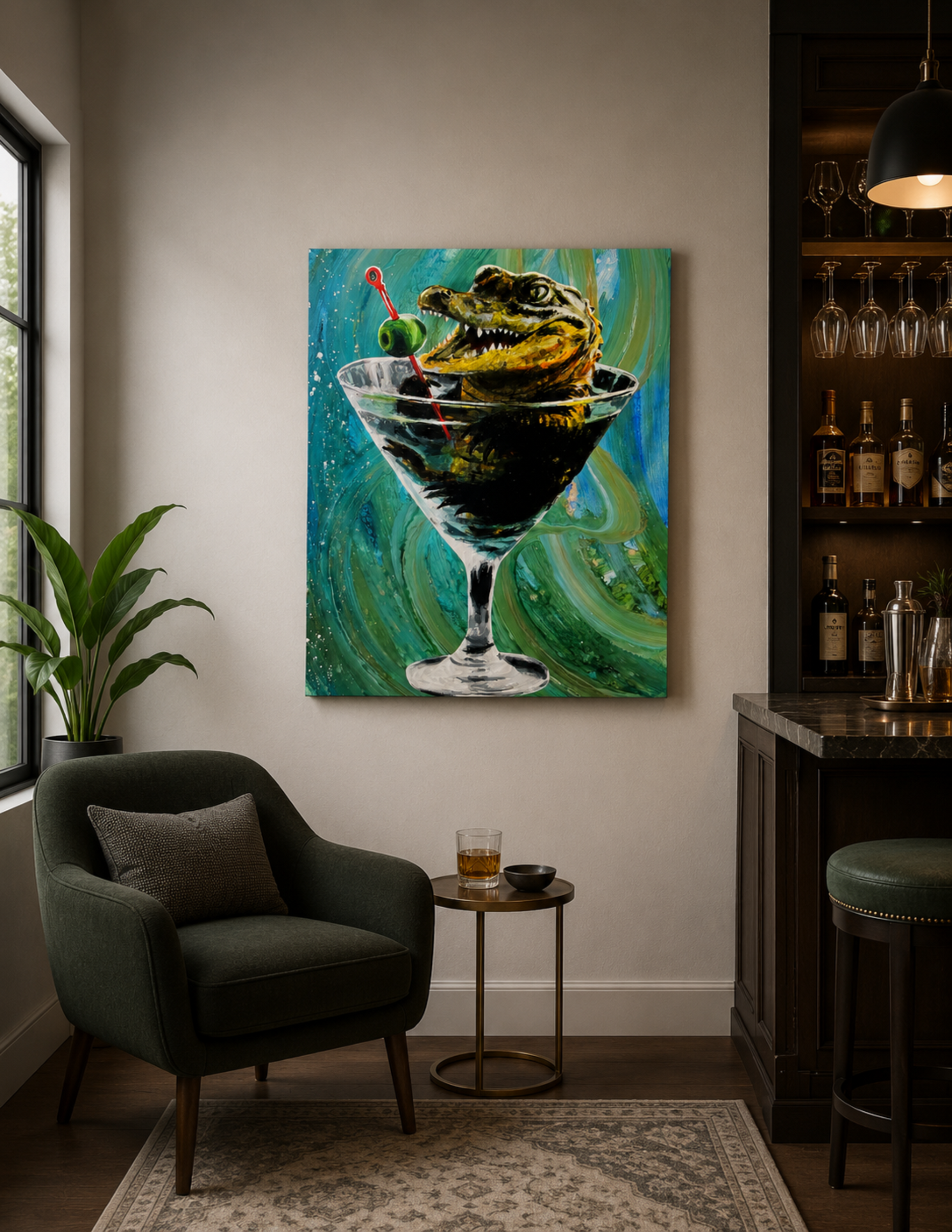 Alligator in a Martini by Ocean Clark shown as a canvas print, a New Orleans art piece displayed on a wall