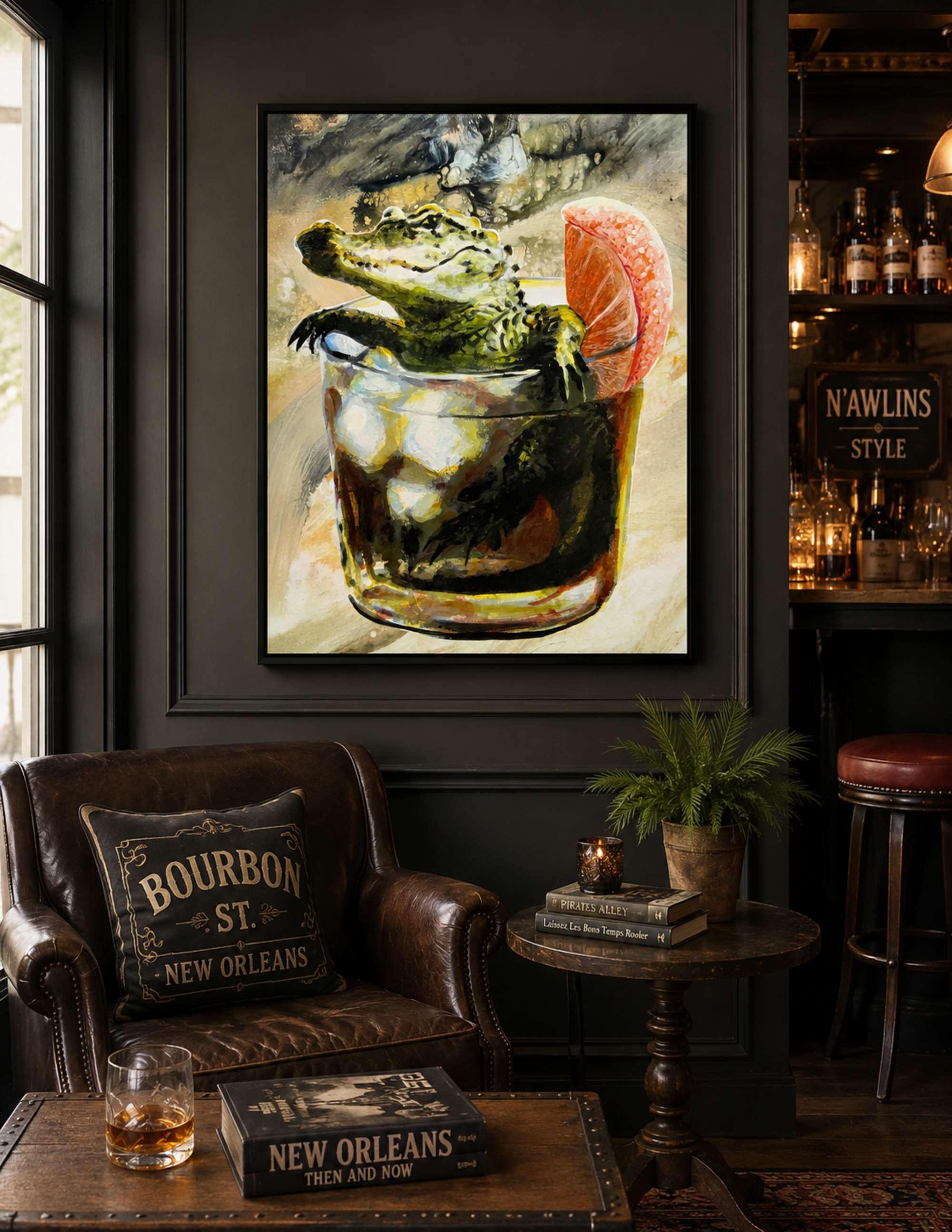 Alligator in a Whiskey by Ocean Clark shown as a canvas print, a New Orleans art piece displayed on a wall