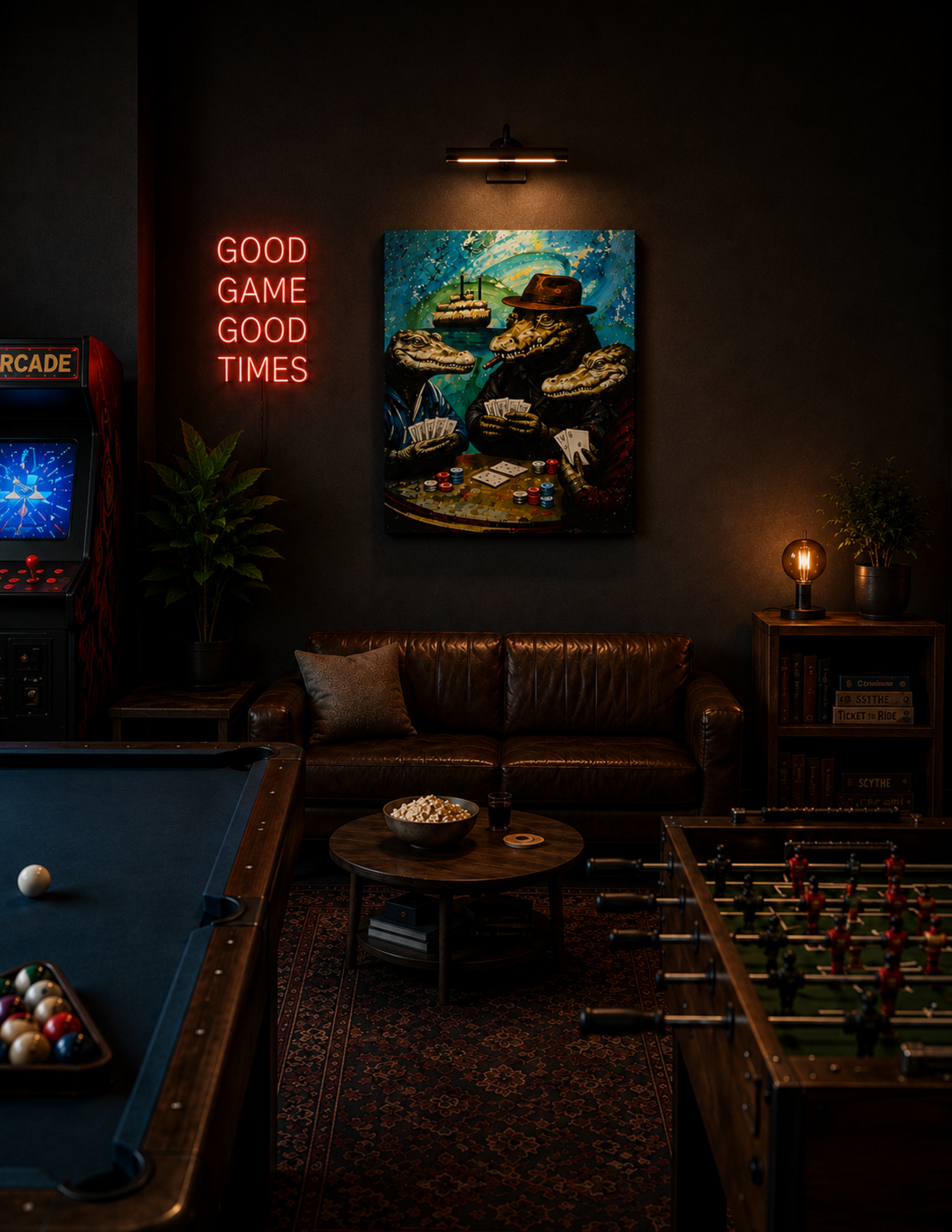 Alligators Playing Poker by Ocean Clark shown as a canvas print, a New Orleans art piece displayed on a wall