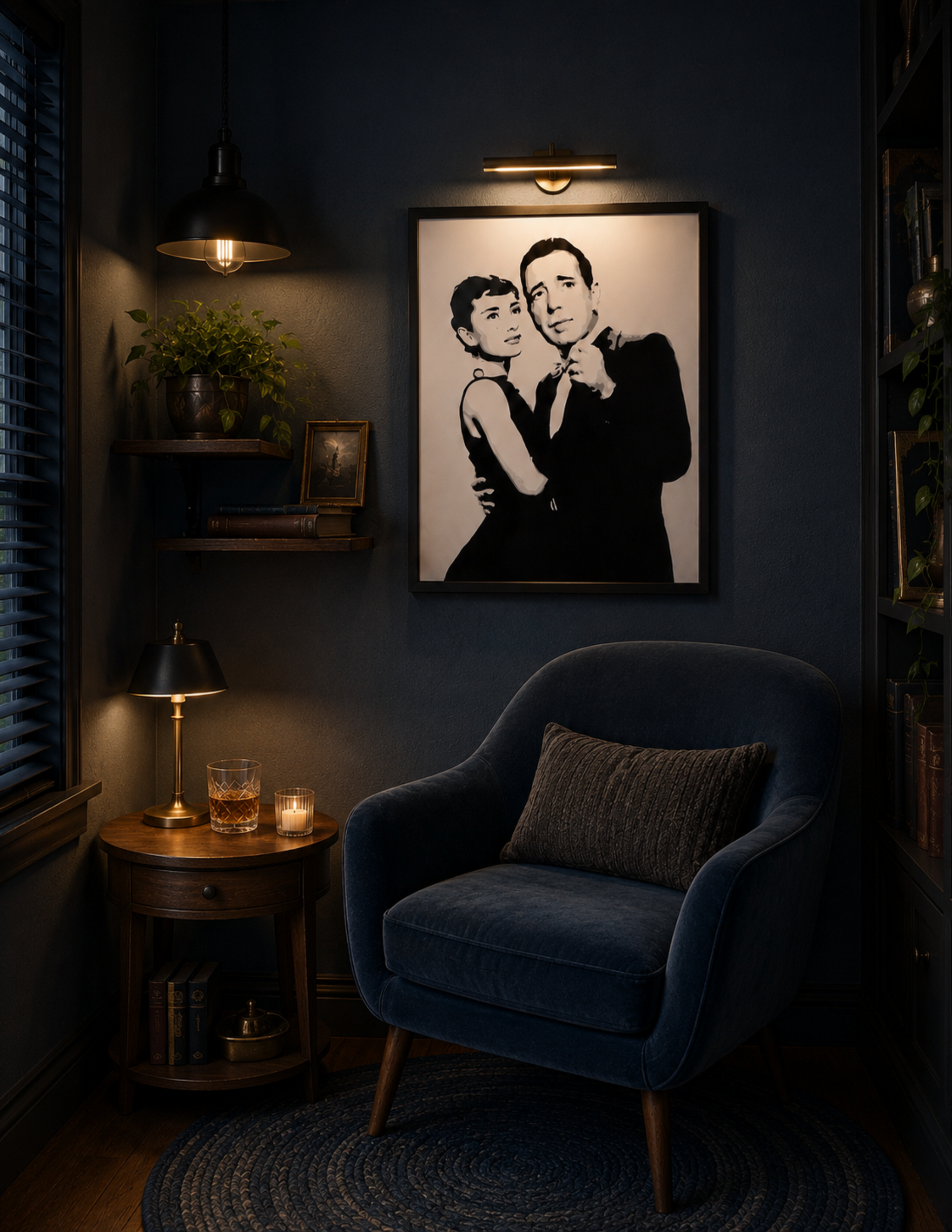 Audrey Hepburn and Humphrey Bogart by Ocean Clark shown as a canvas print, a New Orleans art piece displayed on a wall