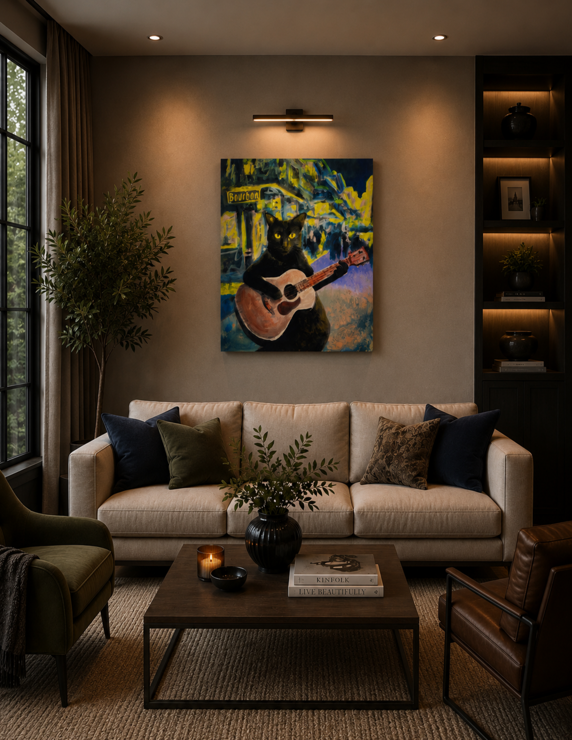 Black Cat Playing Guitar by Ocean Clark shown as a canvas print, a New Orleans art piece displayed on a wall