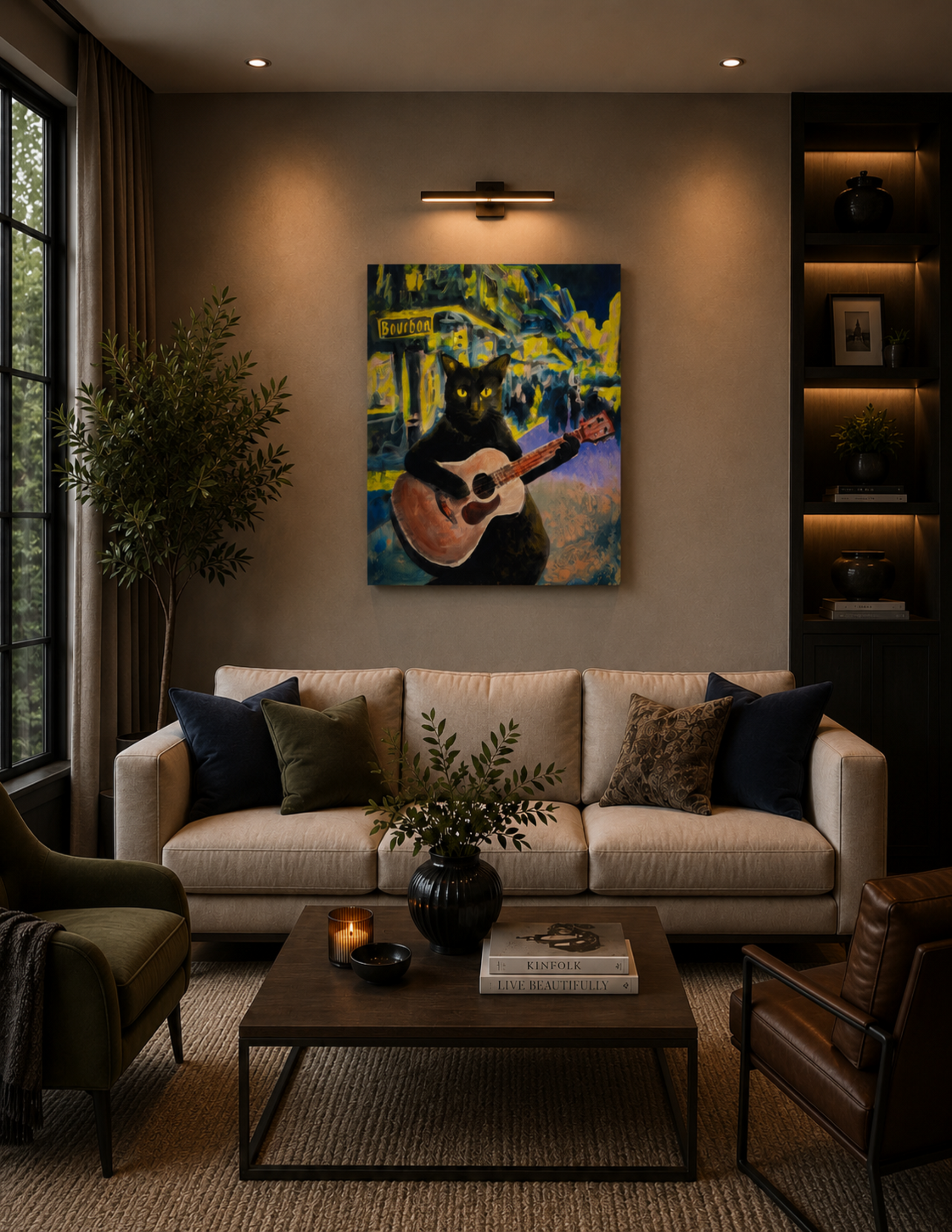 Black Cat Playing Guitar by Ocean Clark shown as a canvas print, a New Orleans art piece displayed on a wall