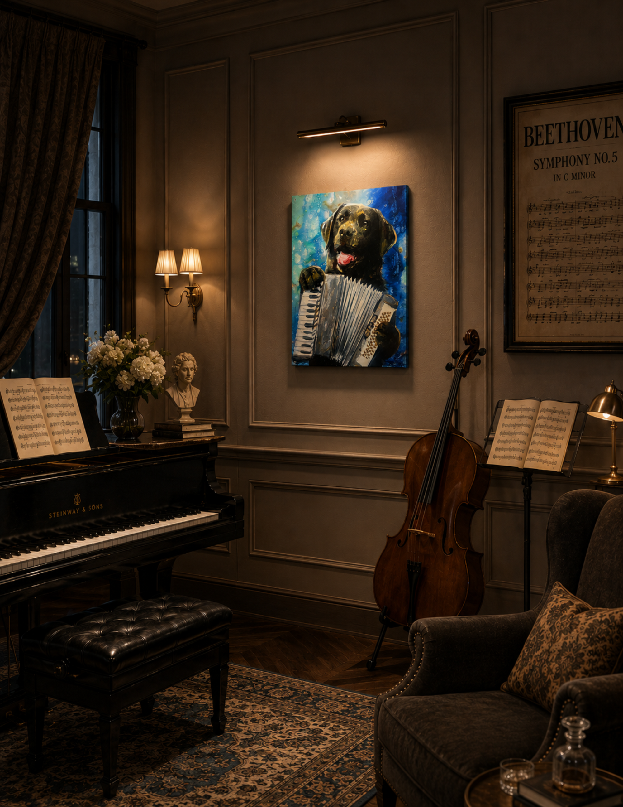 Black Labrador Playing Accordion Print