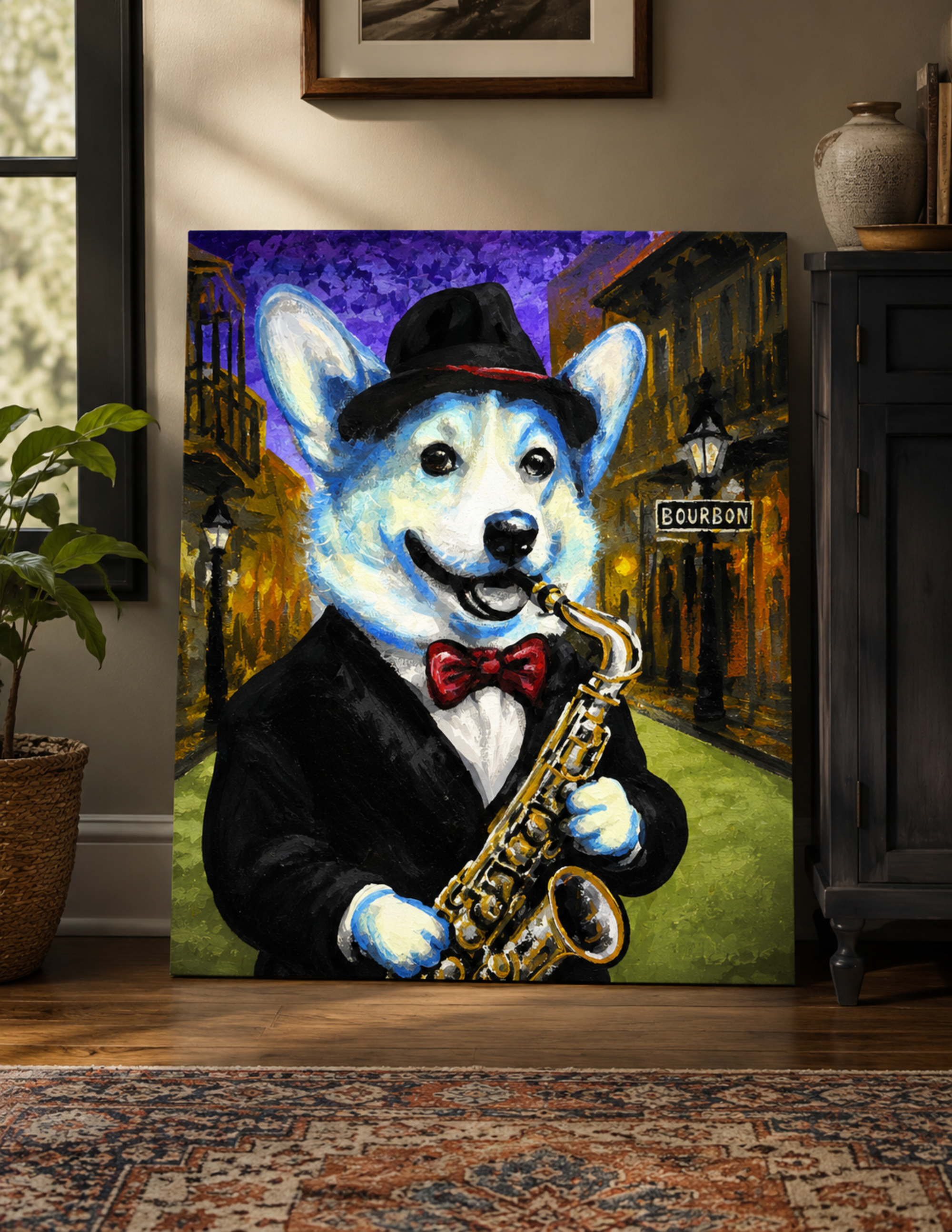 Blue Corgi Playing Saxophone Print