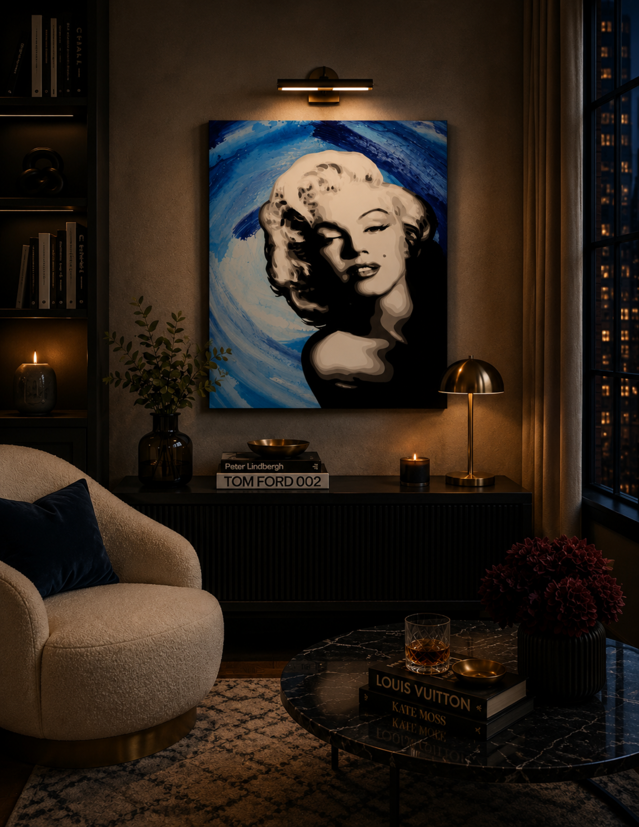 Blue Velvet Marilyn Monroe by Ocean Clark shown as a canvas print, a New Orleans art piece displayed on a wall