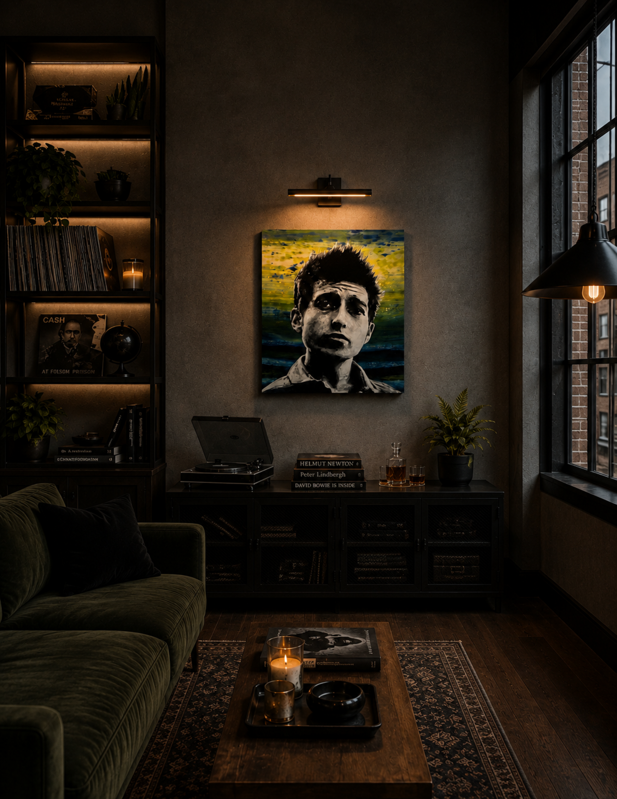 Bob Dylan: Poet in Blue by Ocean Clark shown as a canvas print, a New Orleans art piece displayed on a wall