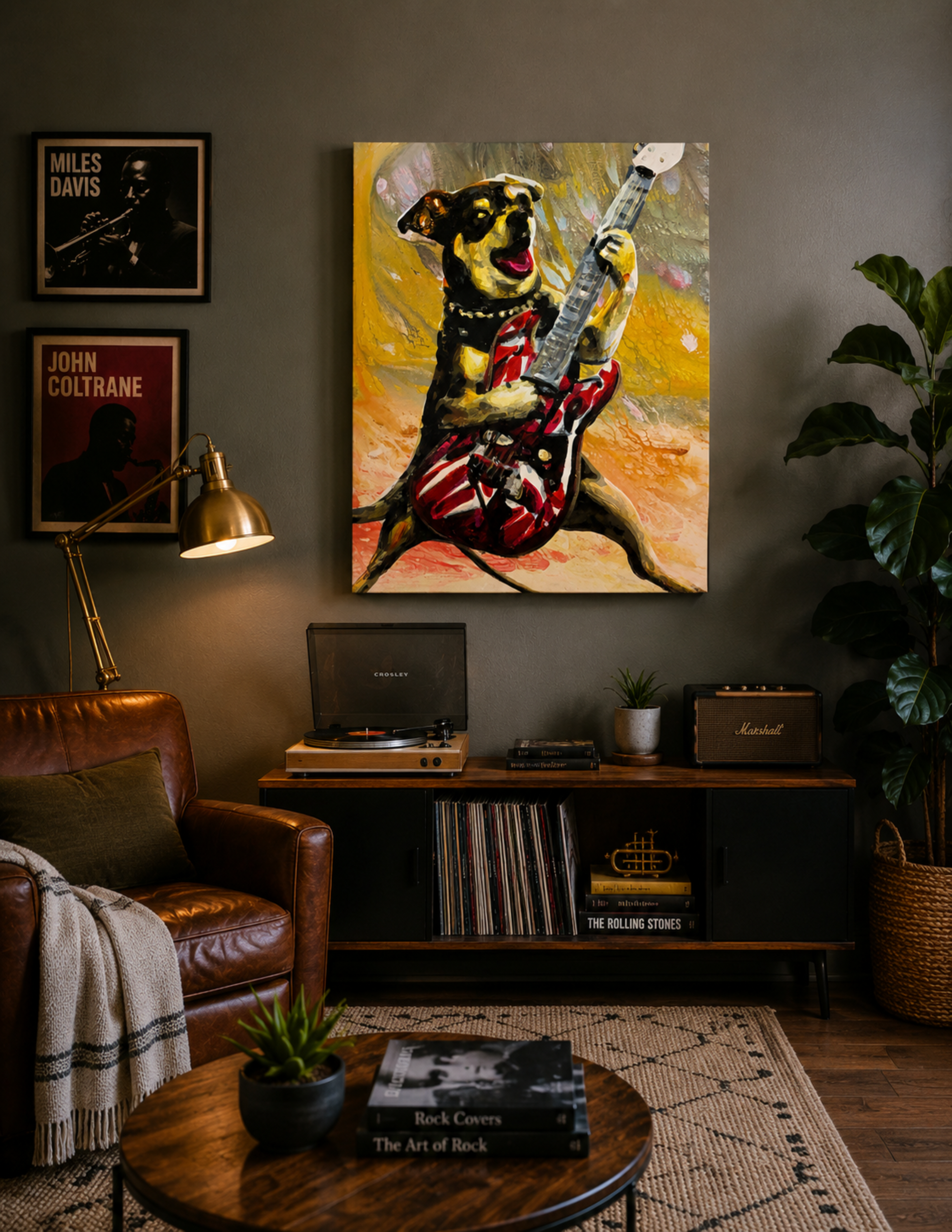 Boston Terrier Playing Electric Guitar by Ocean Clark shown as a canvas print, a New Orleans art piece displayed on a wall