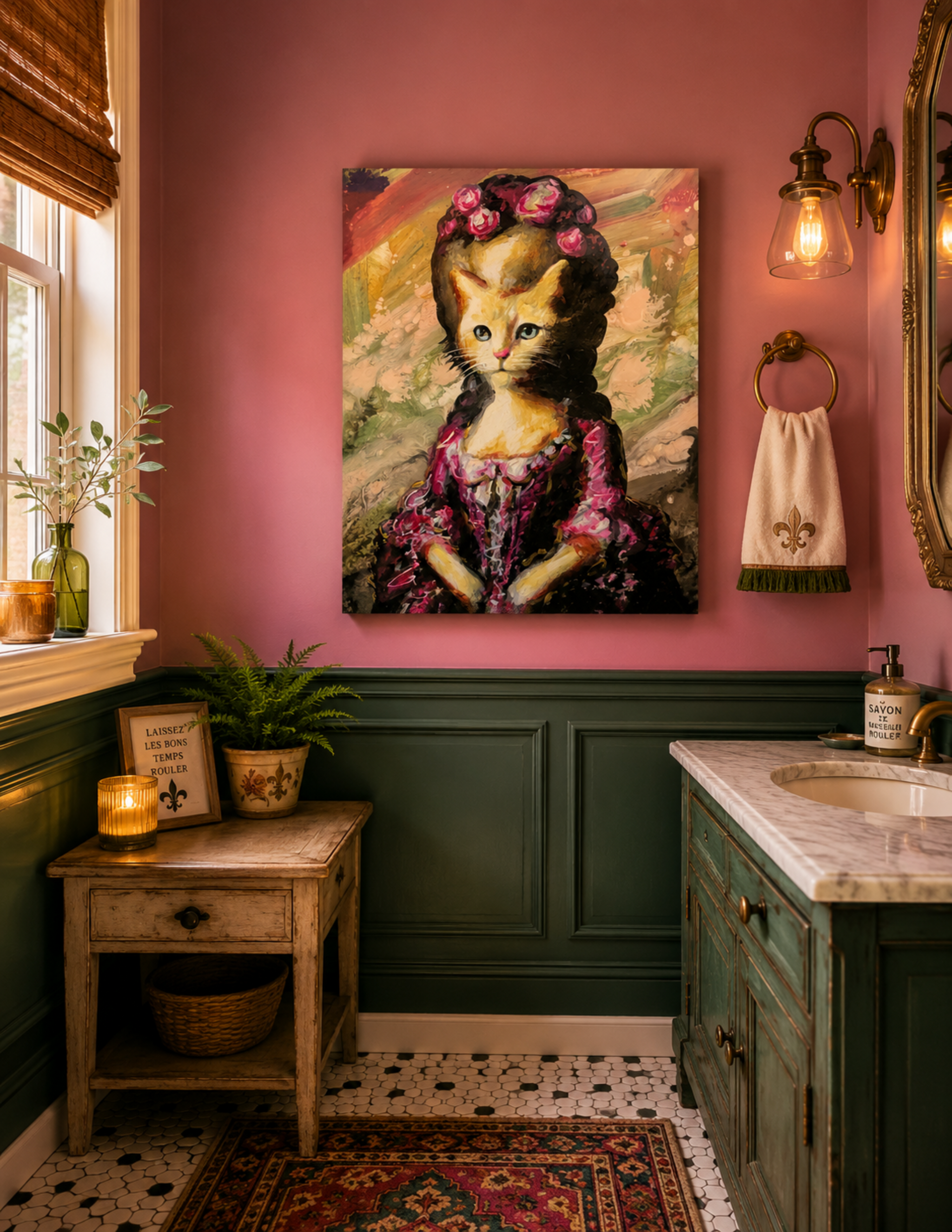 A framed canvas art print depicting a stylized portrait of a kitten in historical dress, displayed on a pink wall in a vintage-style bathroom setting with green wainscoting, a marble vanity, and a patterned rug.