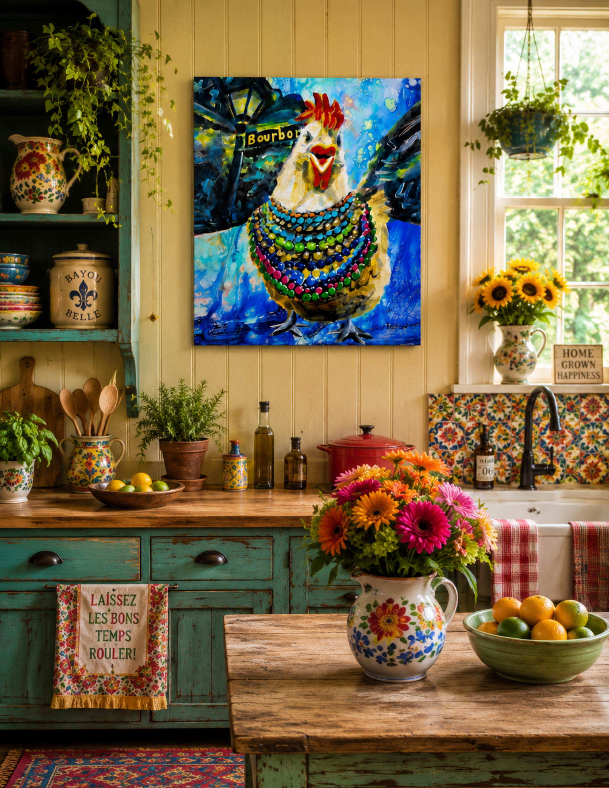 Chicken in Mardi Gras Beads by Ocean Clark shown as a canvas print, a New Orleans art piece displayed on a wall