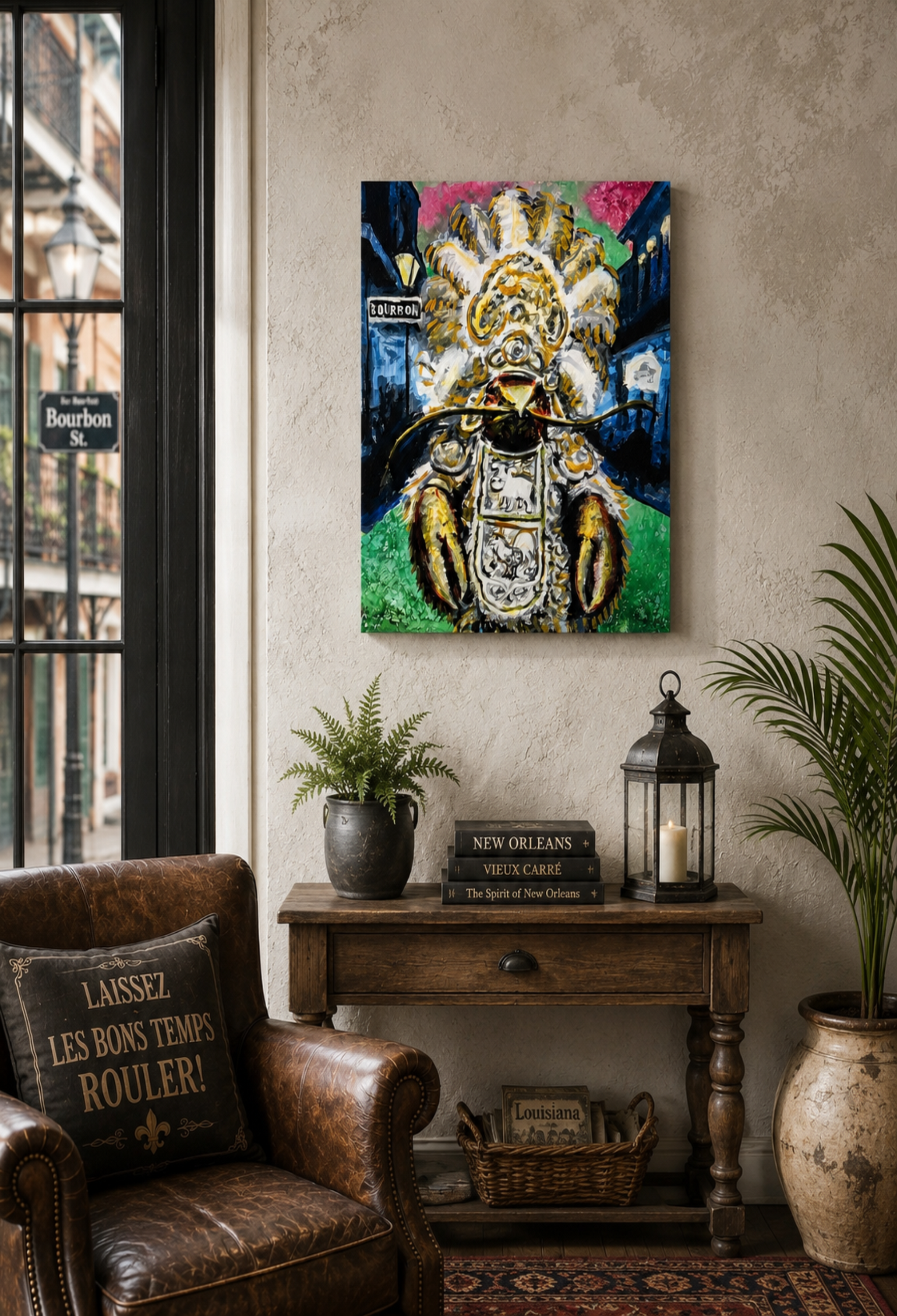 Crawfish Mardi Gras Indian by Ocean Clark shown as a canvas print, a New Orleans art piece displayed on a wall