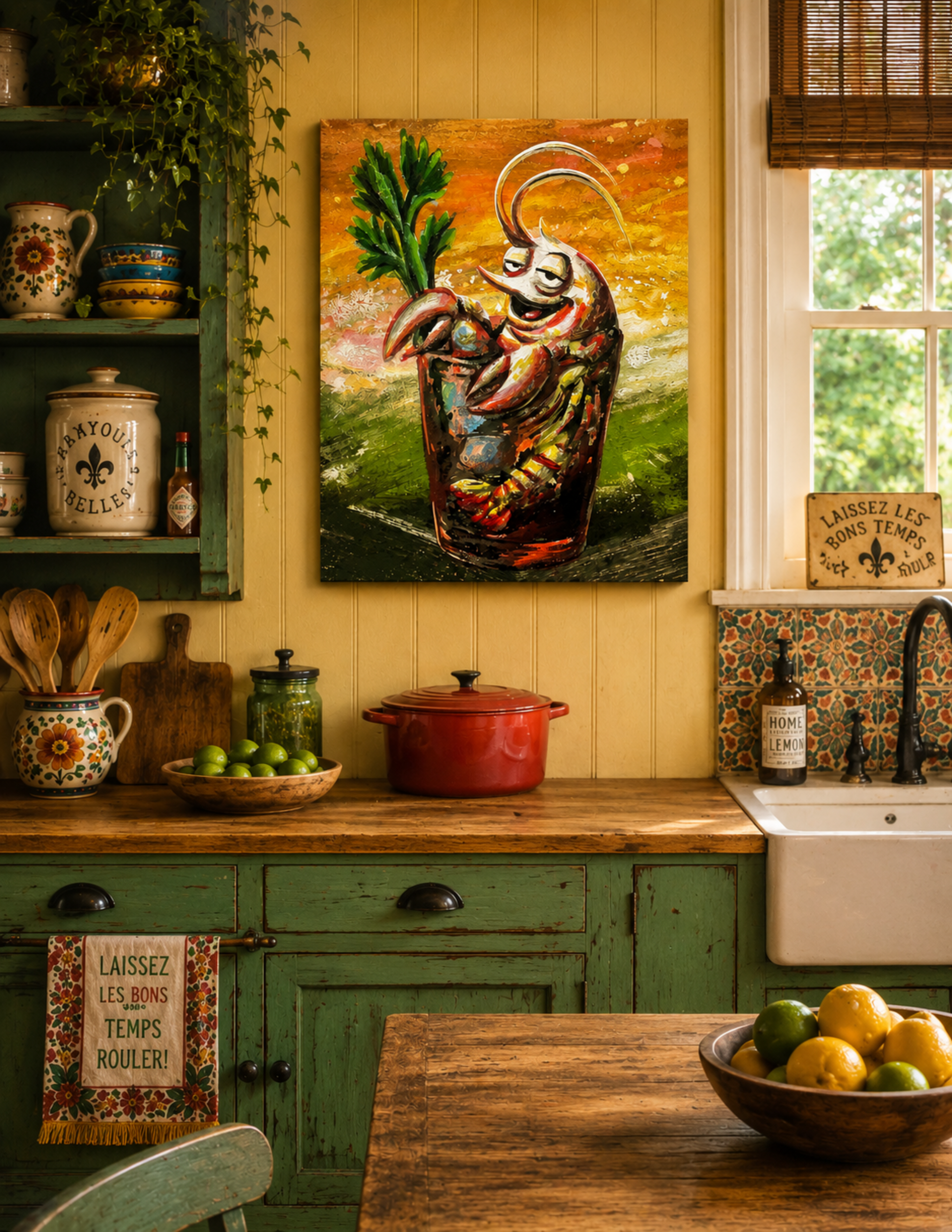 Crawfish in a Bloody Mary by Ocean Clark shown as a canvas print, a New Orleans art piece displayed on a wall