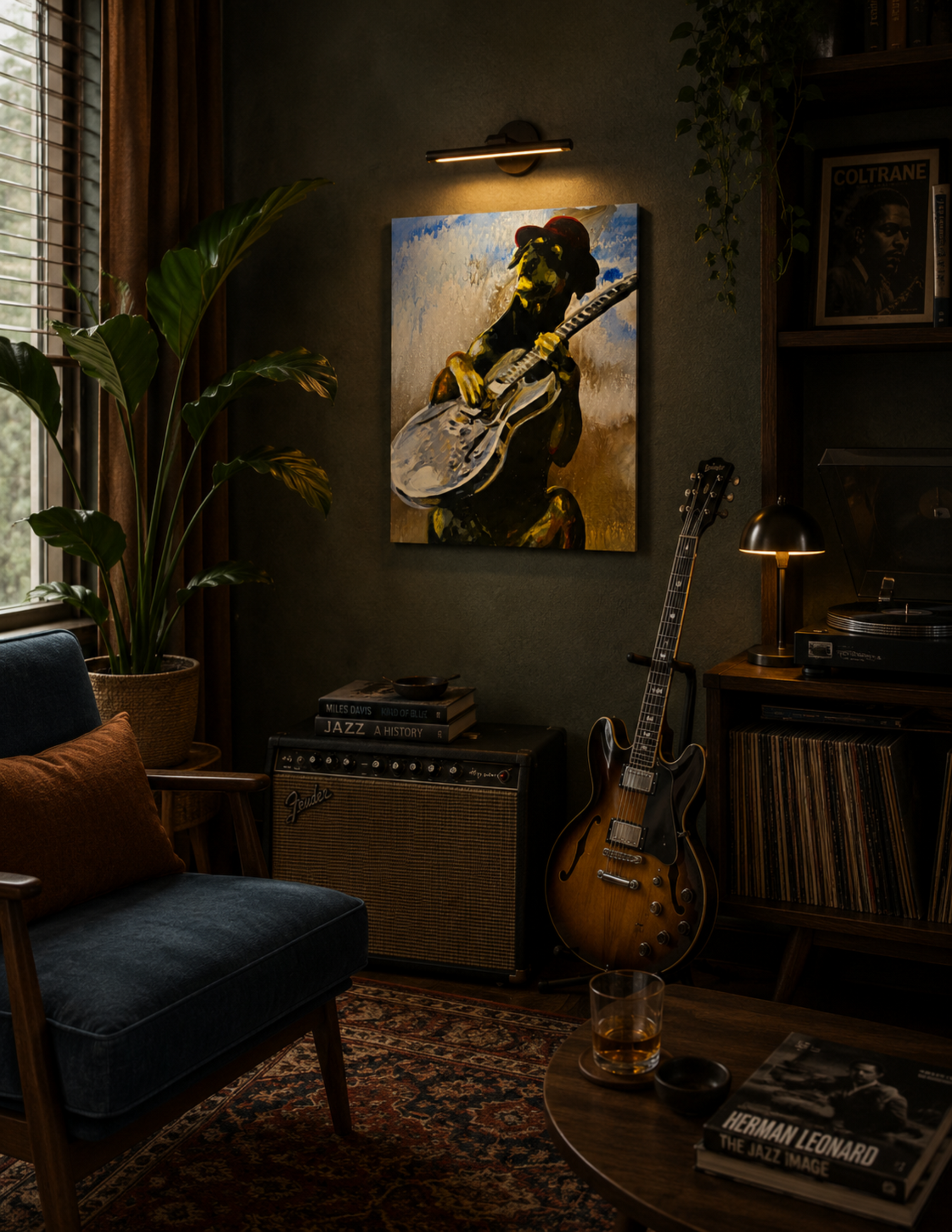 Doberman Pinscher Playing Guitar by Ocean Clark shown as a canvas print, a New Orleans art piece displayed on a wall