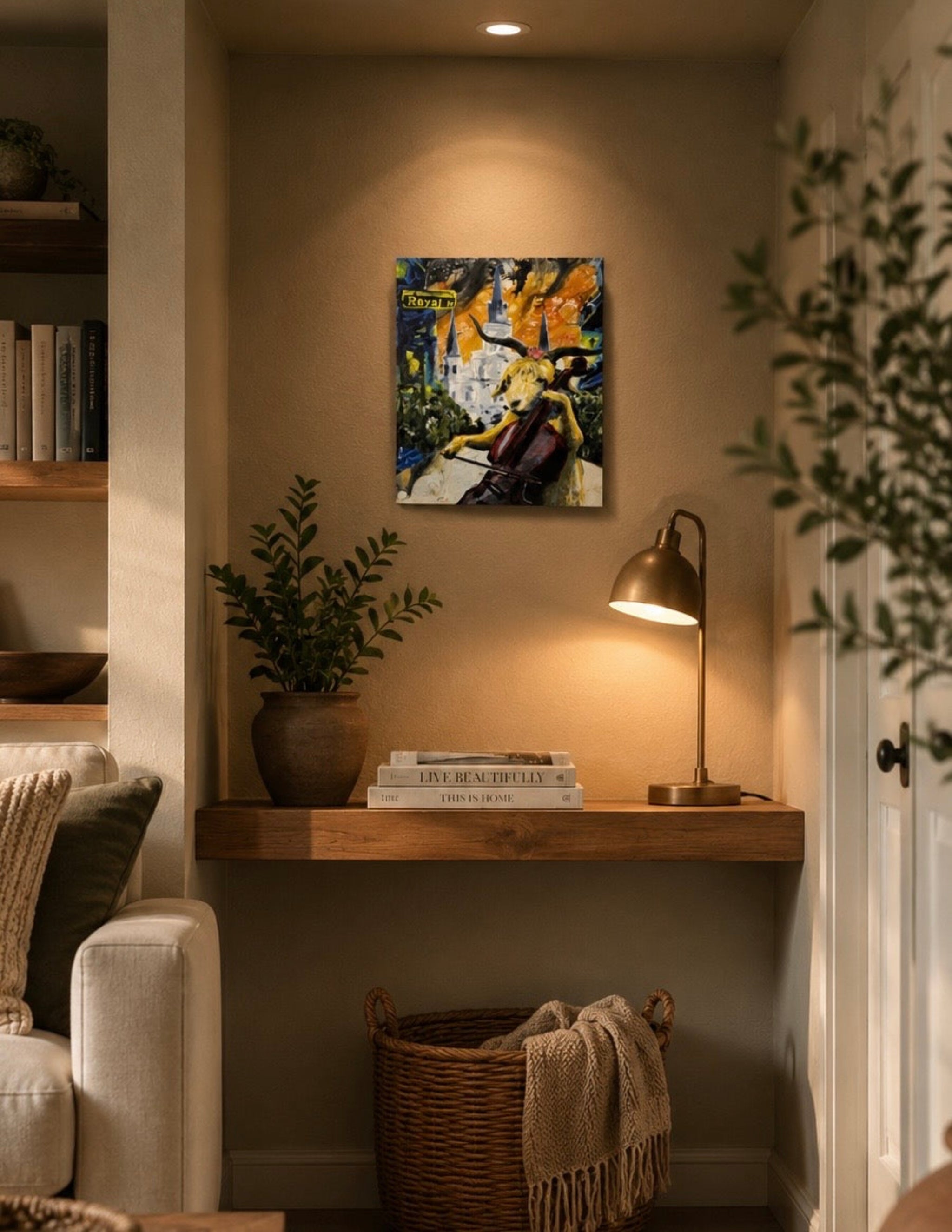 Goat Playing Cello on Royal Street by Ocean Clark shown as a canvas print, a New Orleans art piece displayed on a wall