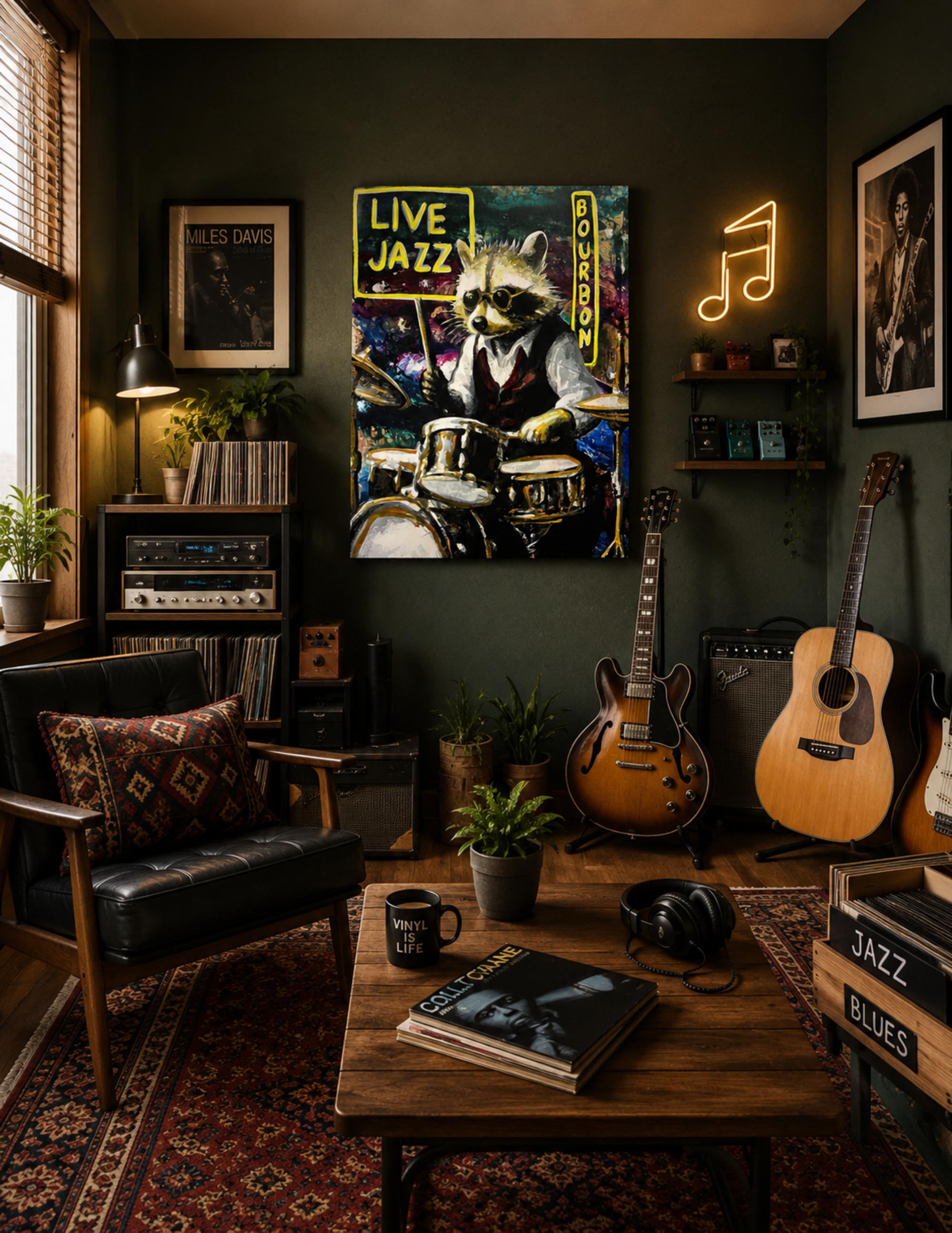 Jazz Drummer Raccoon by Ocean Clark shown as a canvas print, a New Orleans art piece displayed on a wall
