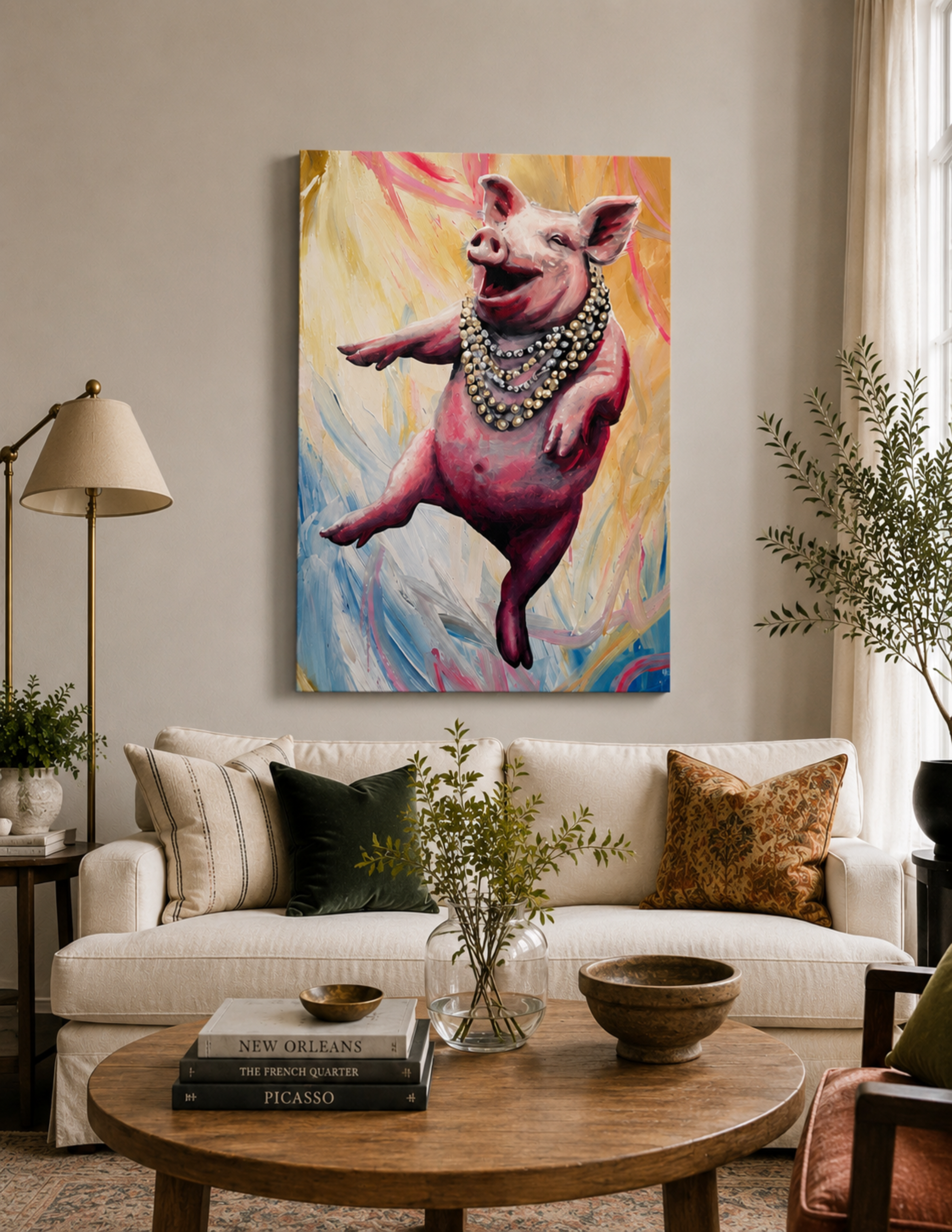 Pig Dancing with Mardi Gras Beads by Ocean Clark shown as a canvas print, a New Orleans art piece displayed on a wall