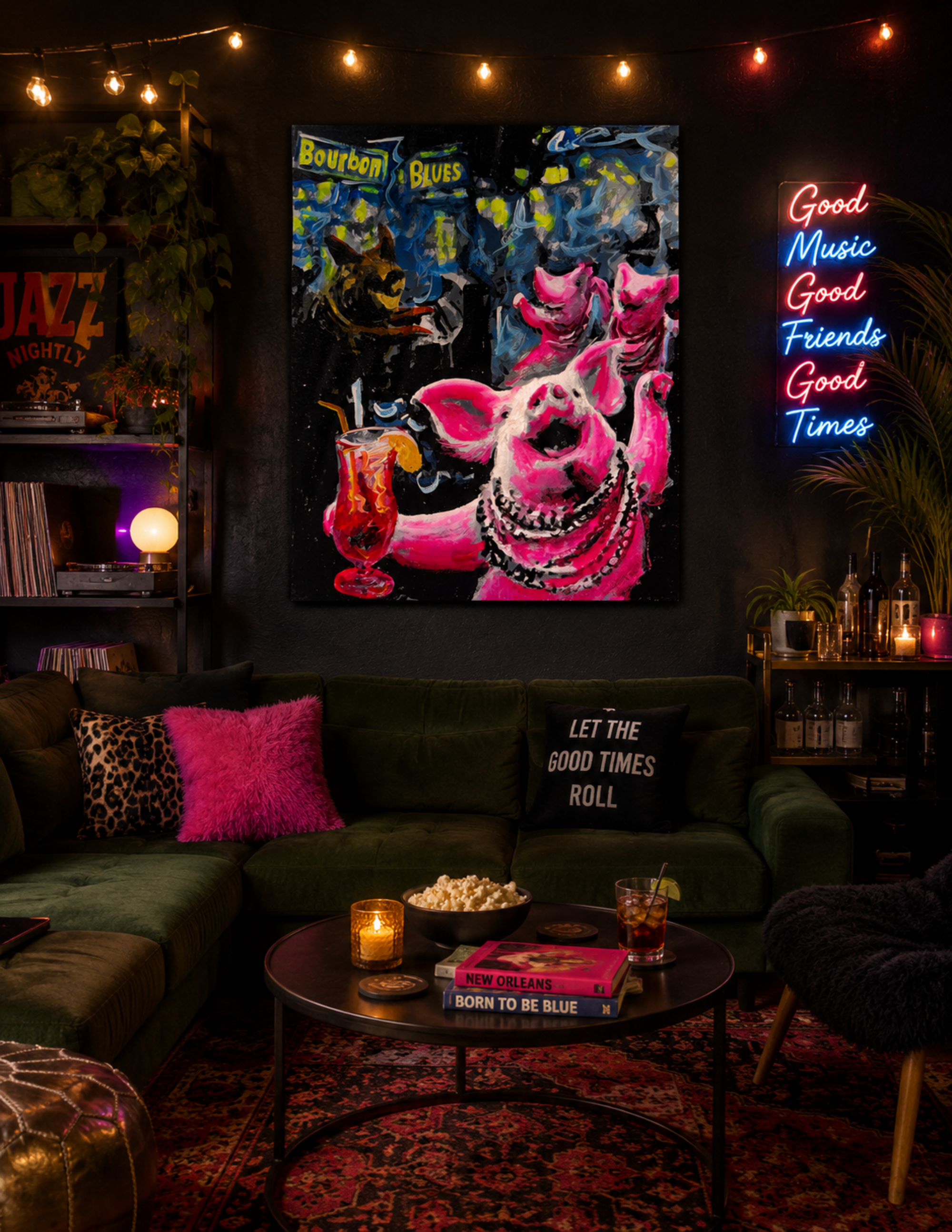 Pigs at a Bourbon Street Club by Ocean Clark shown as a canvas print, a New Orleans art piece displayed on a wall