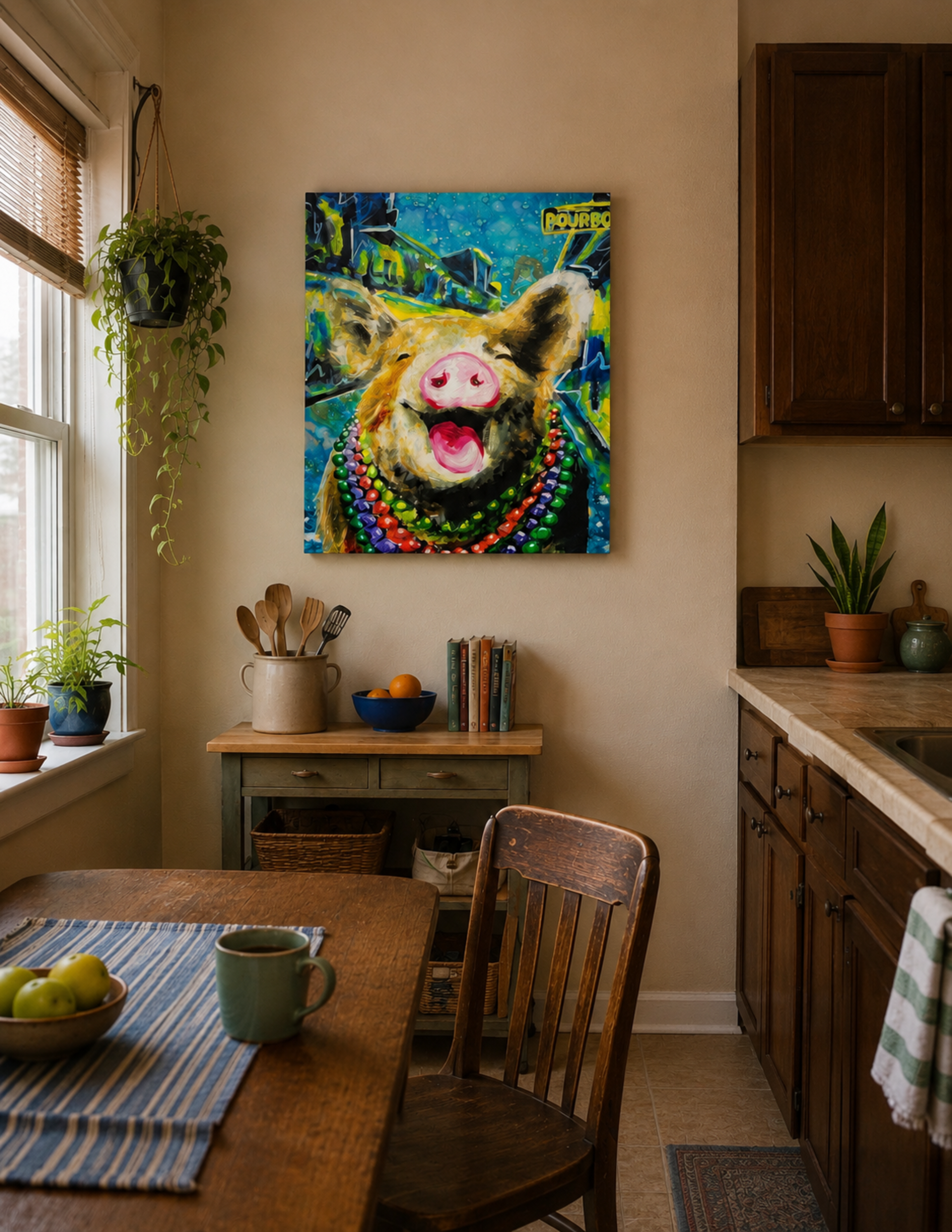 Smiling Pig in Mardi Gras Beads by Ocean Clark shown as a canvas print, a New Orleans art piece displayed on a wall