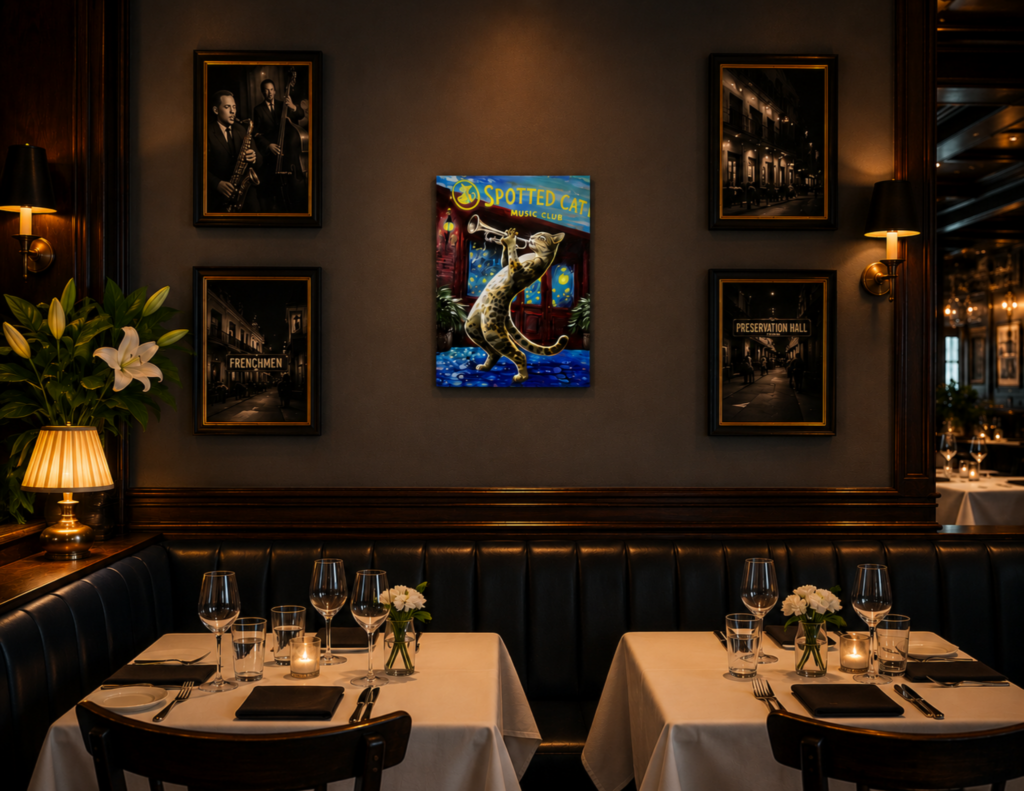 Spotted Ocelot Cat by Ocean Clark shown as a canvas print, a New Orleans art piece displayed on a wall