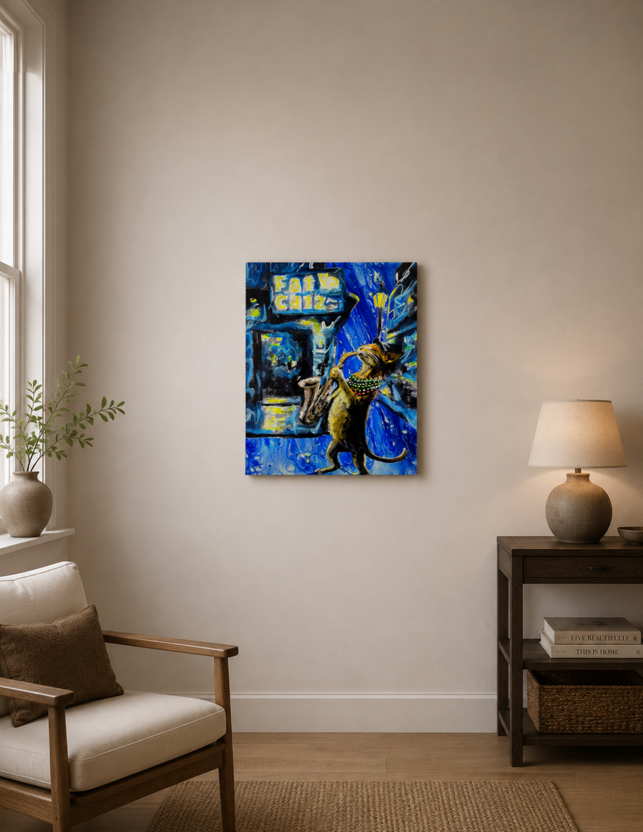 Tabby Cat Playing Saxophone by Ocean Clark shown as a canvas print, a New Orleans art piece displayed on a wall