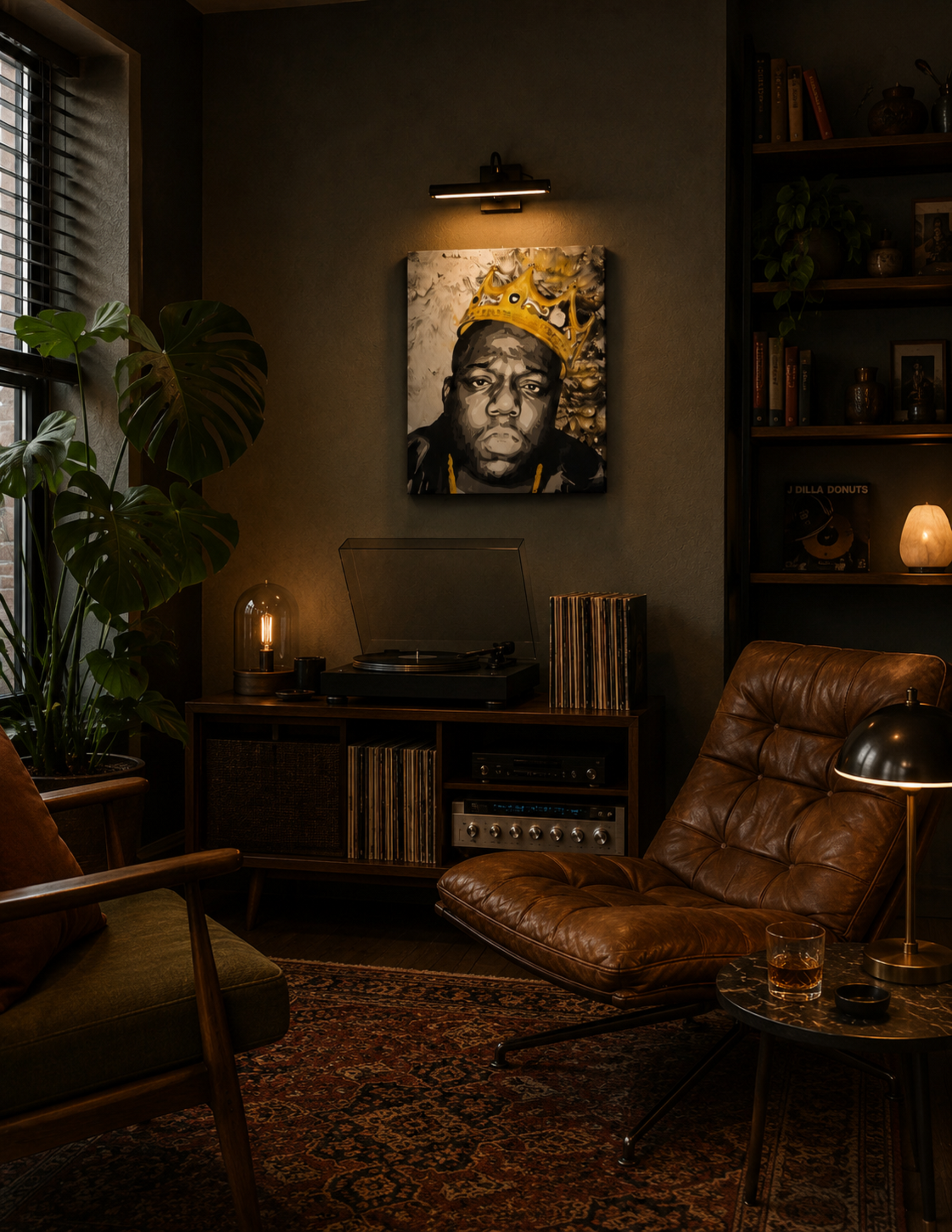The Notorious BIG Gold Crown by Ocean Clark shown as a canvas print, a New Orleans art piece displayed on a wall