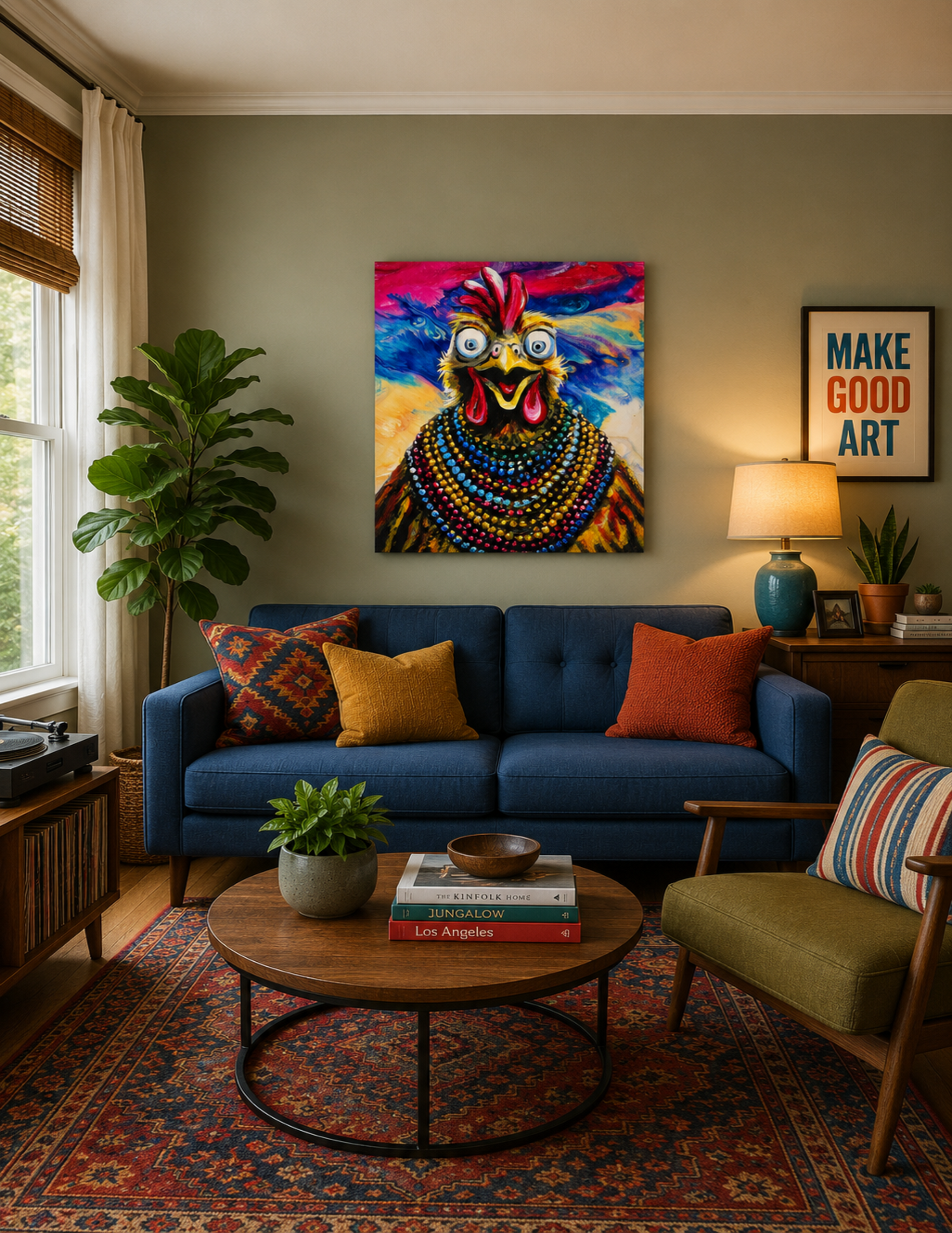 Wide Eyed Chicken in Mardi Gras Beads by Ocean Clark shown as a canvas print, a New Orleans art piece displayed on a wall