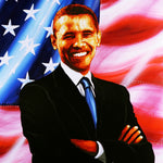 A painting of Barack Obama smiling with his arms crossed in front of an American flag