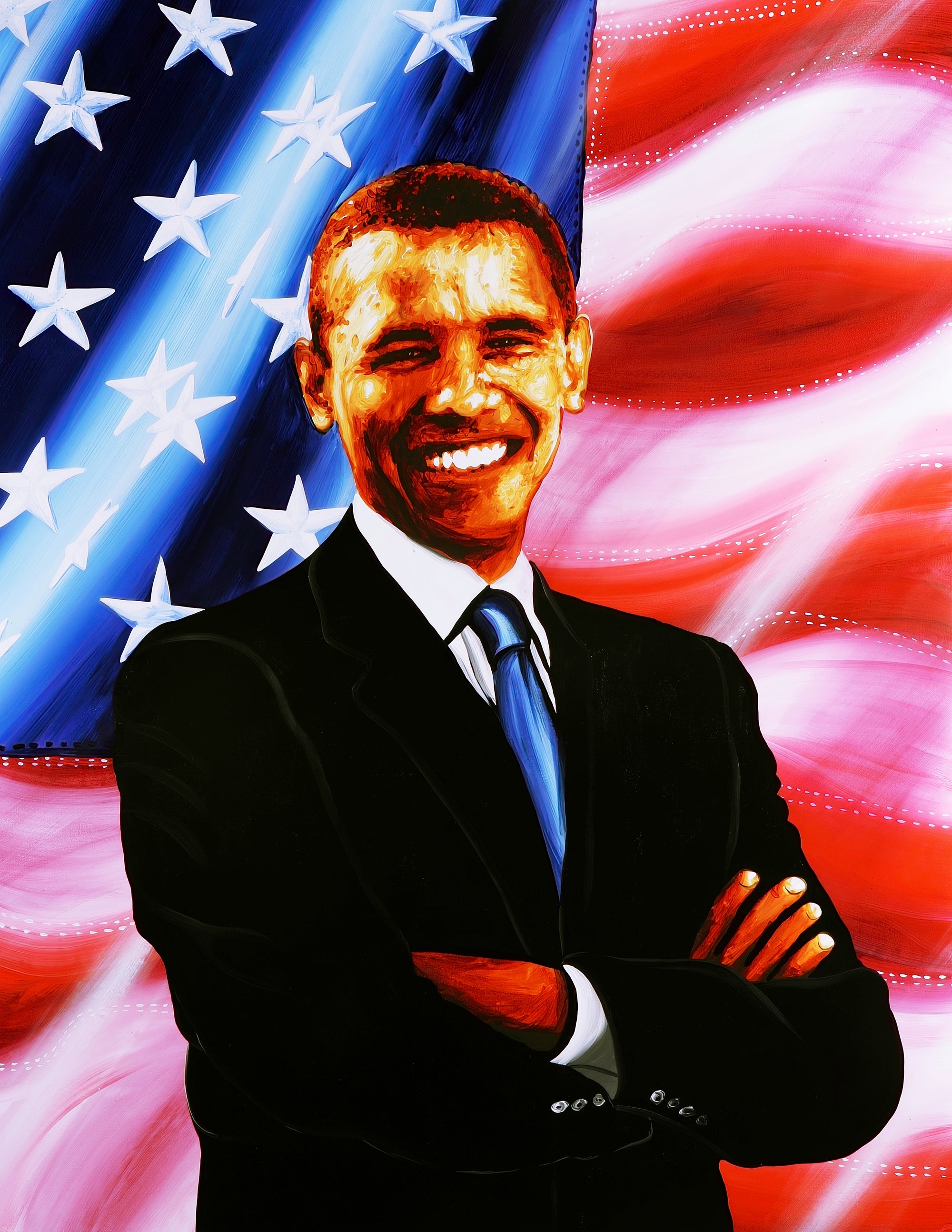 A painting of Barack Obama smiling with his arms crossed in front of an American flag
