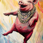 A colorful painting of a pig jumping and wearing multiple layered gold necklaces, set against an abstract painted background with yellow, pink, blue, and white brushstrokes.