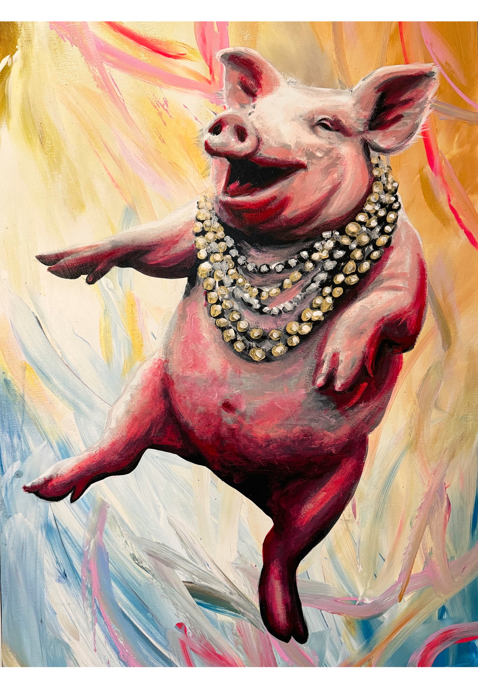A colorful painting of a pig jumping and wearing multiple layered gold necklaces, set against an abstract painted background with yellow, pink, blue, and white brushstrokes.