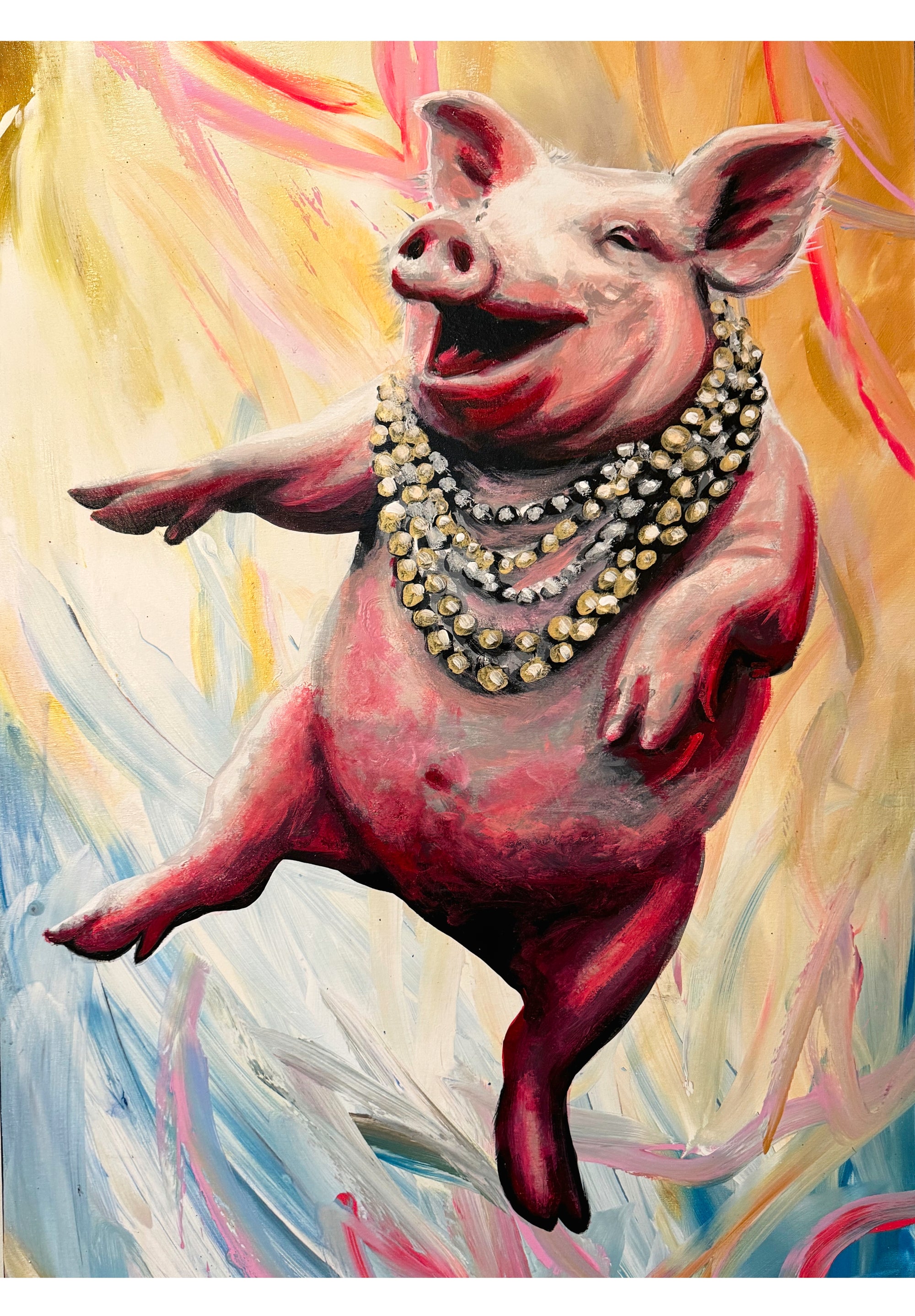 A colorful painting of a pig jumping and wearing multiple layered gold necklaces, set against an abstract painted background with yellow, pink, blue, and white brushstrokes.