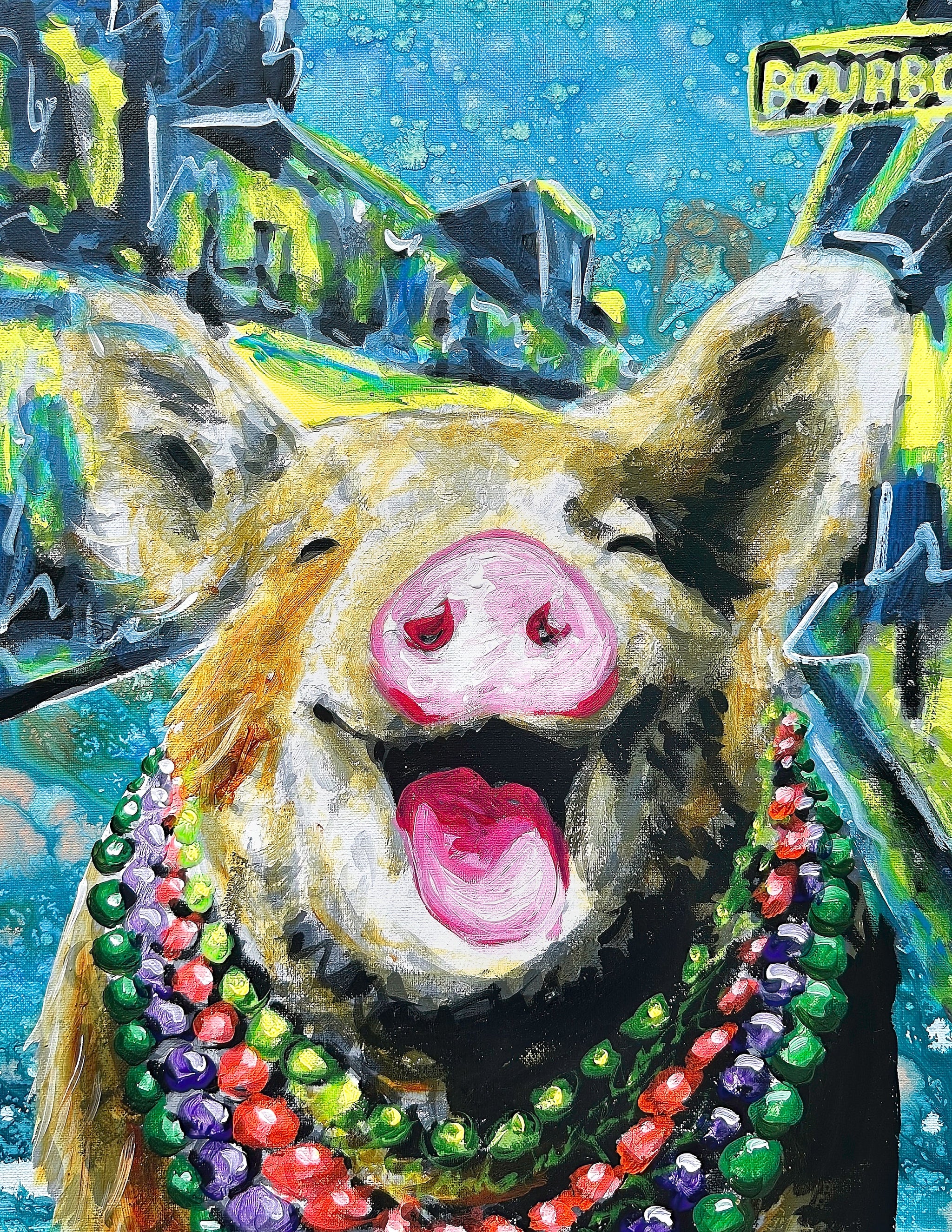 Smiling Pig in Mardi Gras Beads Print