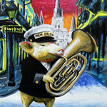 A pig belts out a brass band beat on tuba in this print inspired by New Orleans street music.