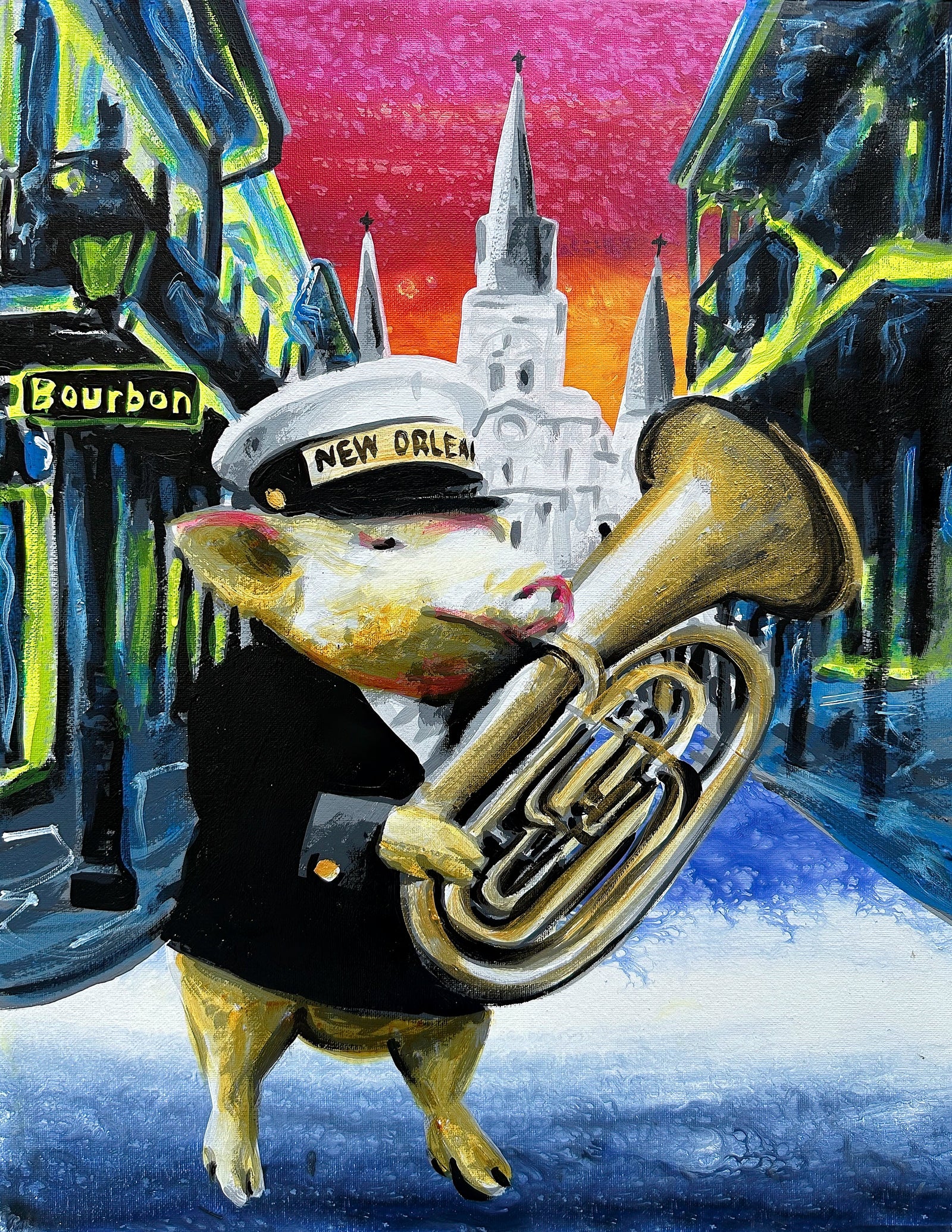 A pig belts out a brass band beat on tuba in this print inspired by New Orleans street music.
