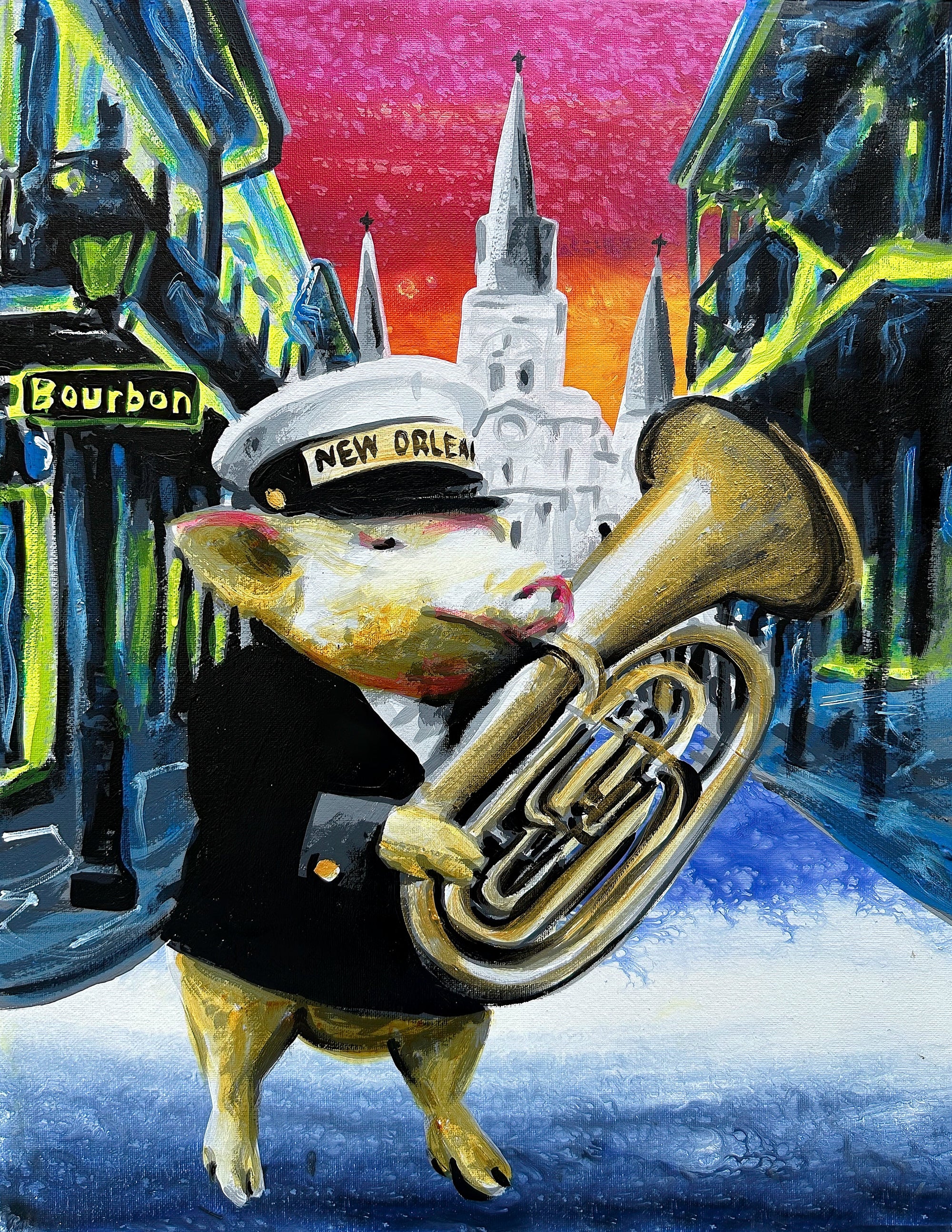 A pig belts out a brass band beat on tuba in this print inspired by New Orleans street music.