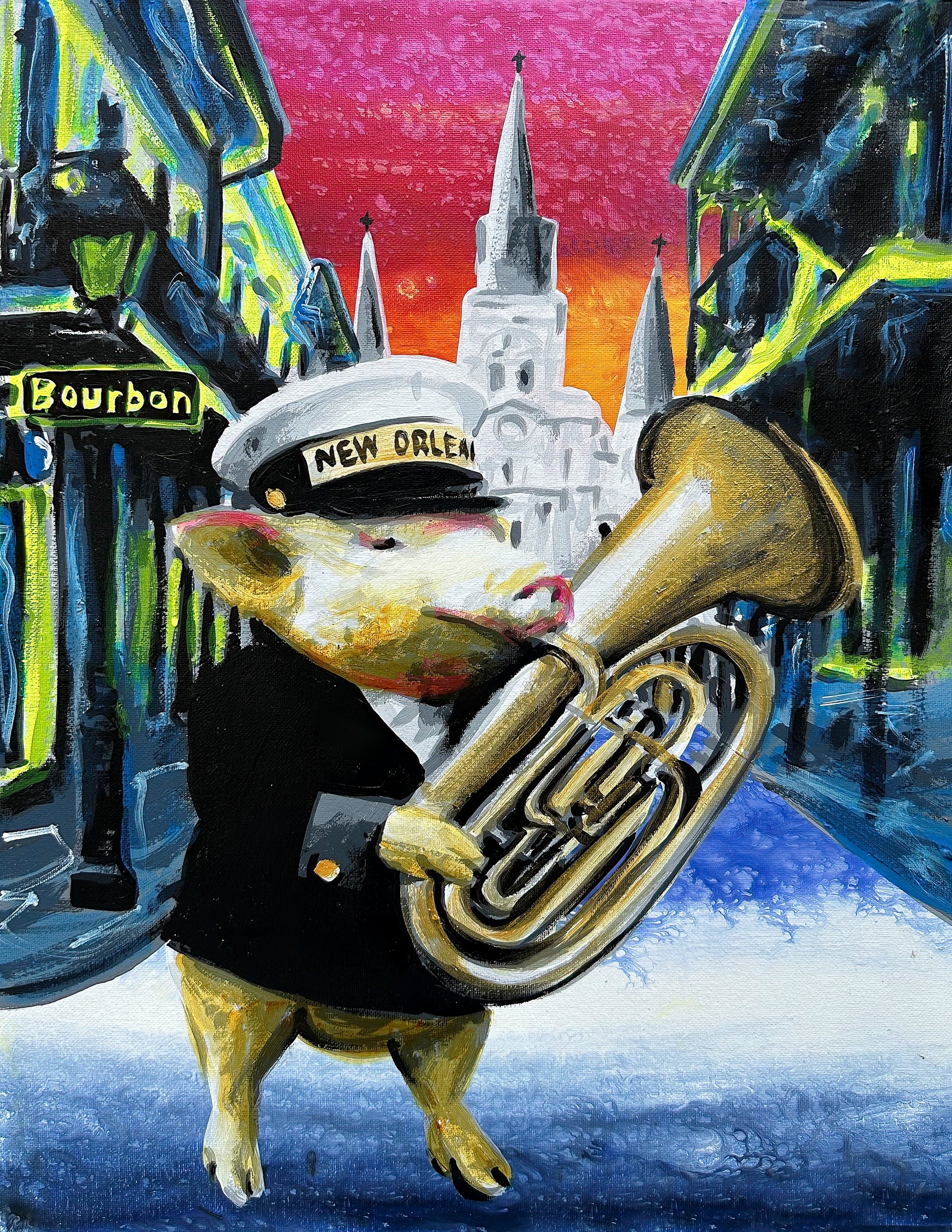 A pig belts out a brass band beat on tuba in this print inspired by New Orleans street music.