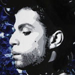 A painting of Prince in profile against a marbled blue background