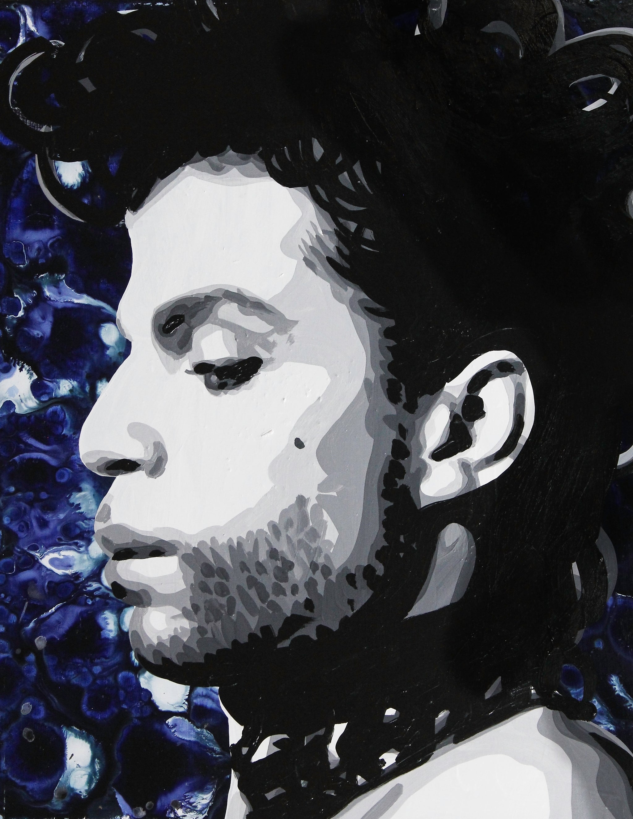 A painting of Prince in profile against a marbled blue background