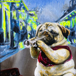 This painting shows a pug puffing out a bright trumpet melody, full of energy and charm.