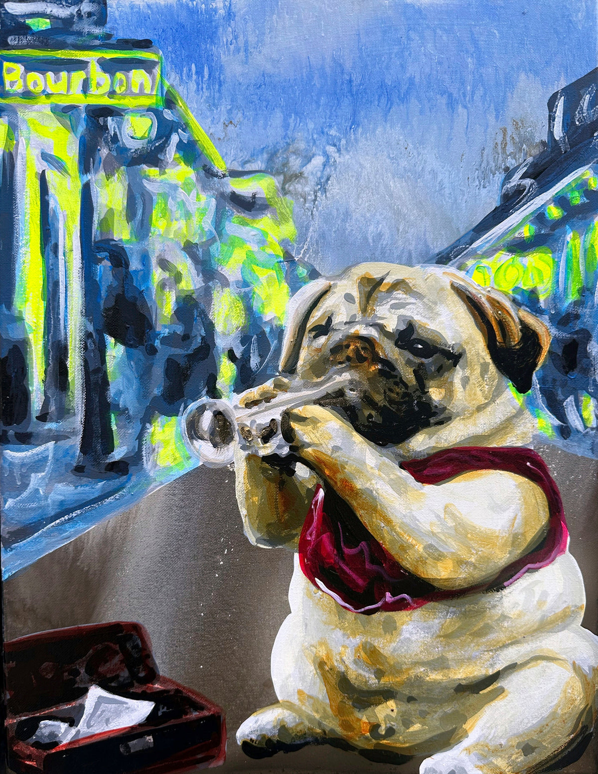 This painting shows a pug puffing out a bright trumpet melody, full of energy and charm.