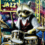 A colorful painted illustration of a raccoon dressed as a jazz drummer, holding drumsticks and playing a drum set. The background includes a sign reading 'LIVE JAZZ' and a vertical sign reading 'BOURBON'.