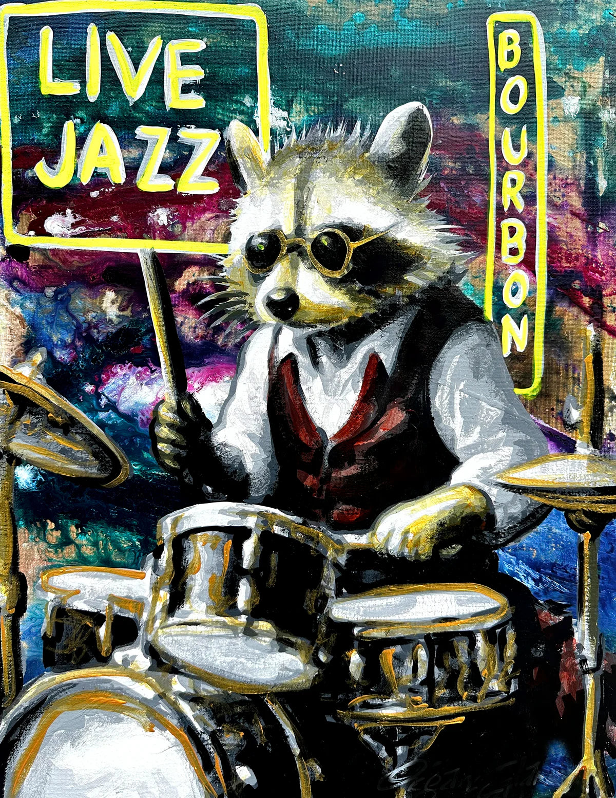 A colorful painted illustration of a raccoon dressed as a jazz drummer, holding drumsticks and playing a drum set. The background includes a sign reading 'LIVE JAZZ' and a vertical sign reading 'BOURBON'.