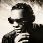 A black, white, and sepia painting of Ray Charles wearing sunglasses with his hand on his chin
