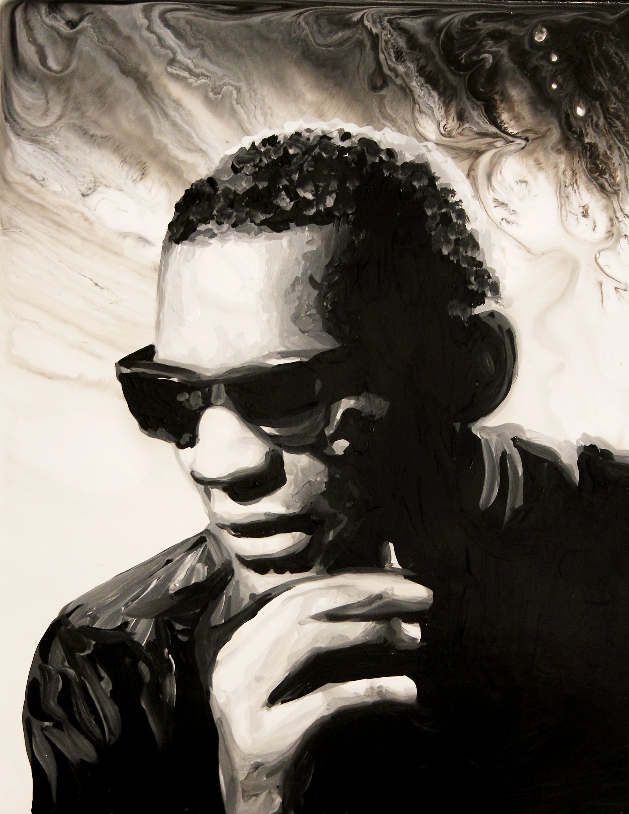 A black, white, and sepia painting of Ray Charles wearing sunglasses with his hand on his chin