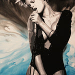 A black and white painting of Rihanna singing into a microphone with her eyes closed against a blue swirl background