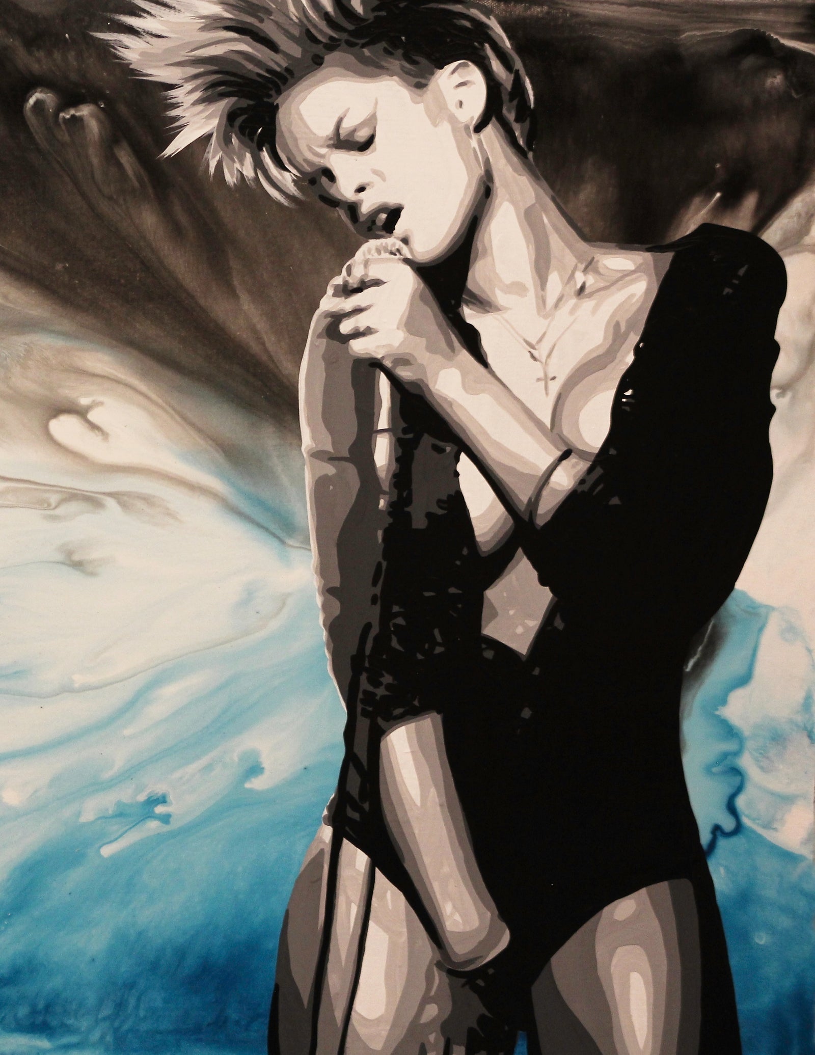 A black and white painting of Rihanna singing into a microphone with her eyes closed against a blue swirl background
